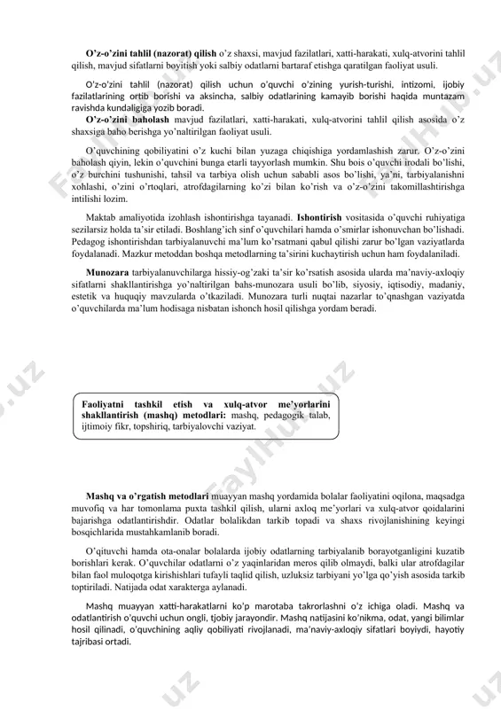 naviy-axloqiy sifatlar, e’tiqod hamda dunyoqarashni shakllantirish maqsadida ularning ongi, his-tuyg’usi va irodasiga ta’sir ko’rsatish usullari sanaladi. shaxs ongini shakllantirish (ishontirish) metodlariga quyidagilar kiradi: hikoya, tushuntirish, izohlash, ma'ruza, etik suhbat, nasihat, o'git, ko'rsatma, munozara, namuna bu guruhga mansub metodlarning mohiyati shundaki, ular orqali o’quvchilar ongiga jamiyatda ustuvor o’rin tutuvchi ijtimoiy g’oya va maqsadlar singdiriladi. o’quvchilarda g’oyaviy onglilik va ijtimoiy faollik, ya’ni, davlatning ichki va xalqaro siyosati mazmunini tushunish va idrok qilish ko’nikmalarini tarbiyalash lozim. tushuntirish ijtimoiy ongni shakllantirishda eng ko’p ishlatiladigan metoddir. tushuntirishning vazifasi o’quvchilarni yuksak madaniyatli, milliy g’urur tuyg’usiga ega bo’lib voyaga yetishlarini tarbiyalashga yordam berishdan iborat. suhbat. o’quvchi shaxsini g’oyaviy va ma’naviy-axloqiy jihatdan shakllantirishda o’qituvchining jonli so’zi eng ta’sirchan metod hisoblanadi. suhbat uchun mavzu tanlashda uning mazkur sinf o’quvchilari uchun dolzarbligi, o’quvchilarning suhbat mazmuniga bo’lgan munosabatlari va suhbatdan kutilayotgan natijani hisobga olish zarur. hikoya. o’quvchilar odatda hayot va turli adabiyotlardan olingan aniq misollar bilan boyitilgan hikoyalarni katta qiziqish bilan …