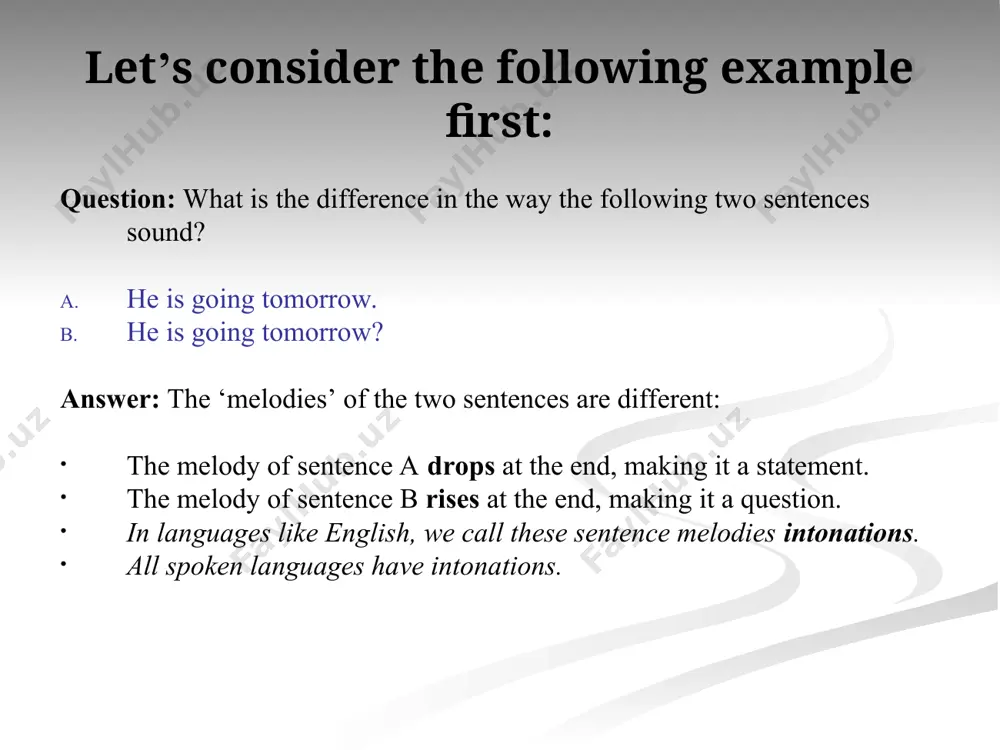 units larger than phonemes (-> segmental phonology), i.e. syllables intonation : pitch of voice plays an important part; it is constantly changing during speech; analysing intonation refers to listening to the speaker´s pitch and recognising what it is doing pitch defined in terms of high and low (arbitrary choices for end-points of the pitch scale) auditory sensation experienced by the hearer we are not interested in all aspects of a speaker´s pitch, but in those that carry some linguistic information speakers have control over their own pitch of voice, and the possibility of choice (this may have linguistic significance) necessary conditions for pitch differences to be linguistically relevant being under speaker´s control pitch differences must be perceptible (great enough to be heard by a listener as differences in pitch) significance in linguistics lies in contrasts (a set of items a unit contrasts with) form and function of intonation in the …
