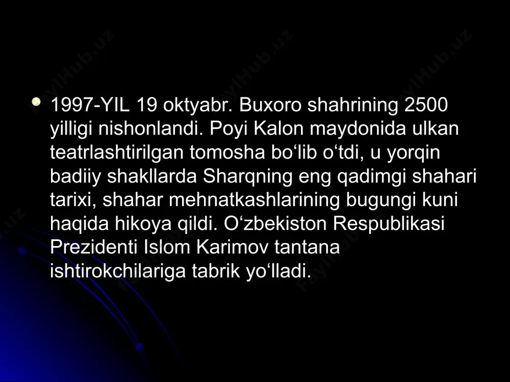 y, ham dunyoviy ilmlar markazi sifatida nom chiqardi. hazrati bahovuddin naqshband faoliyati aynan shu yillarda kechdi buxoro nafaqat yurtimiz, balki butun sharqning ilm markazi bo`lib kelgan. imom al-buxoriy, abu nasr forobiy, abu ali ibn sino, mir kulol... va boshqa shu kabi buyuk zotlar yetishib chiqqan, tahsil olgan bu makon bundan buyon ham ilmu fan, ma`rifat va ijod beshigi bo`lib qolaberadi. 1997-yil 20 oktyabr. xiva shahrining 2500 yilligi nishonlandi. ark maydonida xivaning qadimiy tarixi va bunyodkorlik ishlari bilan to‘libtoshgan bugungi kuni haqida hikoya qiluvchi teatrlashtirilgan tomosha namoyish etildi. o‘zbekiston respublikasi prezidenti islom karimov tantana qatnashchilarini shahar bayrami bilan qizg‘in qutladi. 20 oktyabr. xivada "xiva va uning jahon tarixidagi o‘rni" mavzuida xalqaro konferensiya bo‘lib o‘tdi. shuningdek, 9 oktyabrda buxoroda o‘z ishini boshlagan "bashariyatning ilmiy va madaniy merosi - uchinchi ming yillikka" mavzuidagi xalqaro simpoziumning yakuniy majlisi o‘tkazildi. bugungi konferensiyamizning maqsadi – o‘rta asrlarda sharq olamida yashab ijod etgan buyuk alloma va mutafakkirlarning …