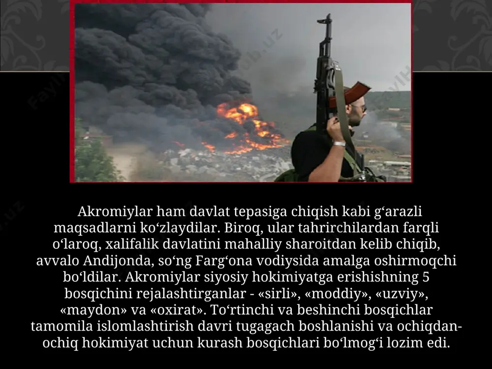 etayotgan mafkuraviy kurashdir. endilikda yadro maydonlarida emas, mafkura maydonlarida bo`layotgan kurashlar ko`p narsani hal qiladi. bu achchiq haqiqatni hech qachon unutmaslik lozim.” “men ko‘hna bir haqiqatni yana eslatmoqchiman: tabiatda bo‘shliq bo‘lmaganidek, insonning ongu tafakkurida ham bo‘shliq vujudga kelishiga aslo yo‘l qo‘yib bo‘lmaydi. har bir ongli odamning voqelikka o‘z munosabati, maqsad va intilishlari bo‘lishi tabiiy”1 “фидокор” газетаси, 2000 йил, 8-июн. xalqaro terrorchi va ekstremistlarning niyati aniq. ular istiqlol yo‘lidan borayotgan o‘zbekistondagi g‘oyaviy bo‘shliqni o‘z g‘oyalari bilan to‘ldirib, mamlakatimiz hududidagi beqiyos boyliklarga egalik qilish, xalqimizni o‘z siyosati, o‘z hukmronligiga bo‘ysundirishni, eng yomoni, mana shu muhim geopolitik maydonni o‘z ta’sir doirasiga olishni orzu qilmoqda. mana shundan kelib chiqib, bugungi kunda mamlakatimizga qarshi qaratilgan mafkuraviy tahdidlarni alohida ko‘rsatib o‘tish maqsadga muvofiqdir. ular quyidagilardan iborat: hozirgi voqe’likda milliy istiqlol g‘oyasi va yot mafkuralar orasidagi munosabatlar mafkuraviy kurash, mafkuraviy qarshi turish, psixologik urush shakllarida kechmoqda. yot mafkuralar mafkuraviy kurashlarning ming yillik uslublarini, shuningdek, zamonaviylashtirilgan uslublari: axborot …
