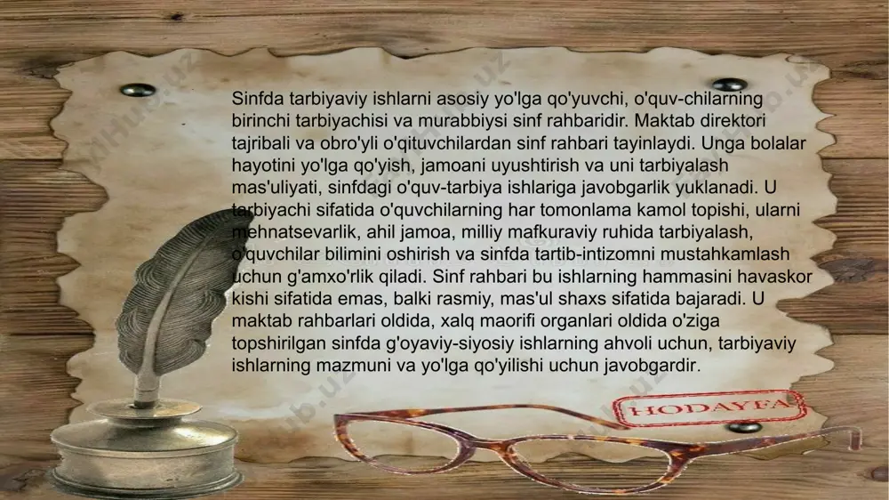 i intizomlilik ruhida tarbiyalash, ularni mustaqillik jamiyati, turmush qoidalarini ixtiyoriy bajarishga o'rgatish sinf rahbari faoliyatida muhim o'rin tutadi. darsdan (sinfdan) tashqari tarbiyaviy ishlarni tashkil etish va ularni o'tkazish. maktablarda darsdan (sinfdan) tashqari tarbiyaviy ishlarning turli-tuman shakllari tarkib topib, muvaffaqiyatli qo'llanib kelinmoqda. darslarda, ta'lim berish jarayonida beriladigan tarbiya darsdan tashqari turli-tuman tarbiyaviy ishlar bilan to'ldiriladi. bu ishni sinf doirasida sinf rahbari sinf faollari yoki kamolot tashkilotlari bilan birgalikda o'tkazadi. bunda boshqa o'qituvchilar, ba'zan esa ota-onalar ham muhim yordam ko'rsatadilar. sinfdan tashqari tarbiyaviy ishda fuqoralik tarbiyasi o'quvchilarda barqaror hayotiy yo'lni tarkib toptirish, ularni ijtimoiy hayotga va xalq xo'jaligi hamda madaniyatning turli sohalarida mehnat faoliyatida faol ishtirok etishga tayyorlash asosiy o'rinni egallaydi. o'quvchilarning ota-onalari bilan ish olib borish. har bir o'qituvchi o'quvchilarning ota-onalari bilan mustahkam aloqada bo'ladi. maktabning oila bilan yanada mustahkam aloqasi sinf rahbarlari orqali amalga oshiriladi. ular o'quvchilarning ota-onalari bilan ko'proq muomalada bo'ladilar, ularga o'quv ishlari va farzandining xulq-atvori to'g'risida axborot …