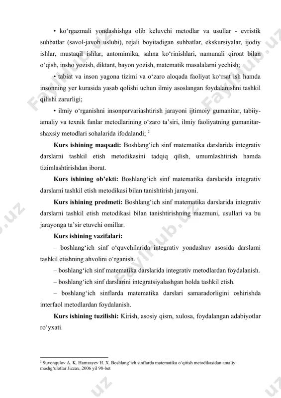 nlararo tashkil etish salmoqlidir. zero, o‘rta ta’lim o‘quv dasturlariga hayot va kelajak faoliyat uchun zaruriy bilimlar bilan qurollantiradi, amaliy ko‘nikma va malakalarga ega bo‘ladi, o‘zlashtirilgan ma’lumotlar asosida aqliy qobiliyatlarini o‘stiradilar, ilmiy salohiyatlarini yuksaltiradilar, jismoniy kuchlarini rivojlantiradi, ilmiy dunyoqarashlari tarkib toptib, zamonaviy bilimlarni puxta egallashlariga xizmat qiladi. shunday ekan, boshlang‘ich sinf o‘quvchilarida matematik tasavvurlarini shakllantirish jarayonlarini takomillashtirib, uning talimiy-tarbiyaviy yo‘nalishlarini modernizatsiya qilish dolzarb pedagogik muammo hisoblanadi. yuqoridagilarni e’tiborga olib, o‘zbekiston respublikasi oliy ta’lim muassasalarida ta’lim olayotgan bo‘lajak o‘qituvchilarning kasbiy kompetentligini shakllantirishga katta e’tibor bermoqlikni davrning o‘zi ko‘rsatmoqda. integrativ yondashuvlar asosida darslarni tashkil etish muammolari yuzasidan r.safarova, a.musurmonov, p.musayev, a.ch.choriyev, a.a.salomov, b.abdullayeva kabi o‘zbek olimlari ham ilmiy-tadqiqot ishlarini olib borganlar. bu va boshqa tadqiqot ishlarida fanlararo aloqadorlikning turli yo‘nalishlari va tamoyillari, ularning o‘quv jarayonida muayyan fanlarni o‘zlashtirishda qo‘llanilishi, o‘quv fanlariaro aloqadorlik asosida tanlangan ta’lim mazmuniga qo‘yiladigan talablar ilmiy-amaliy jihatdan hal etilgan. jumladan, v.n.fedorova o‘z tadqiqotlarida fanlararo aloqadorlikning o‘quv jarayoni samaradorligini oshirishning didaktik …