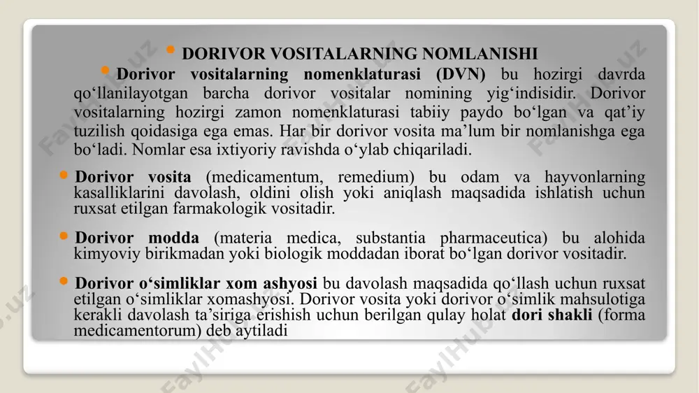 alarning ilmiy emas balki trivial nomlari qo‘llaniladi. misol uchun: ilmiy nomlanishi trivial nomlanishi fenil 2, 3-dimetil, 4. metilamina pirazolon-5-n-metasulfanat natriy analginum trans-9, 13-dimet -71, 1, 5- trimetilsiklogeksin -5 -6 -nonatetrain-7, 9, 11, 13 retinolum /vitamin a dorivor preparatlarning trivial nomlarini nomenklatura komissiyasi beradi. bunday nomlar quyidagi talablarga to‘g‘ri kelishi maqsadga muvofiq hisoblanadi: qisqalik, talaffuz osonligi, berilgan nomlarning boshqalardan fonetik farqlanishi bilan trivial nomlar to‘g‘ri belgilarni ifodalaydi: kimyoviy tarkibini, farmokologik guruhga mansubligini, davolash ta’sirini va hokazolarni. trivial nomlar quyidagi usullar bilan farqlanadi: bitta asosga ega bo‘lgan hamda ikkita va undan ortiq asosga ega nomlar. a) bitta asosga ega bo‘lgan nomlarni –in+um yoki –ol+um suffikslarini qo‘shish bilan hosil qilish mumkin. misol uchun: streptomycinum / asos/ streptomyc, -in+um suffiks/ mentholum / asos/ mentha -/yalpiz/ -ol+um suffiks/ i. prefiksli - suffiksli usulda asosga prefiks (old so‘z yasovchi qo‘shimcha) va suffiks (so‘z yasovchi qo‘shimcha) qo‘yiladi. misol uchun: anti+febr+inum, anti+strum+inum, anti -(qarshi) - old qo‘shimcha, -in+um …