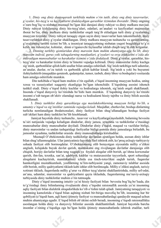 nadi. din falsafasi o’rganadigan mavzularning ichida xudoning borligi, sifatlari, yaratuvchi–koinot munosabati, yaratish, olamning yaratilishidagi maqsad, qayta tirilish, payg’ambarlik va vahiy kabi masalalar asosiy o’rinni egallaydi. din falsafasi o’rganadigan sohalarga bundan tashqari ilm–imon, ilm–din, din–madaniyat, din–san’at, din–adabiyot, diniy tajriba, diniy his-tuyg’u kabilar ham kiritiladi. olloh tomonidan olamning va odamning yaratilishi, inson hayotining ma’nosi va mazmuni, inson hayotining o’tkinchiligi, foniy va boqiy dunyo haqidagi qarashlar, savob va gunoh to’g’risidagi yondashuvlar din falsafasi o’rganadigan sohalar bo’lib hisoblanadi. 5. teologiya tushunchasi va uning o’rganish sohasi. insoniyat tarixida diniy bilimlarni o’rganuvchi soha – teologiya vujudga kelib, teologiya ilohiyot, xudo to’g’risidagi ta’limot sifatida xudo, uning sifatlari, belgilari va xususiyatlari to’g’risidagi diniy ta’limotlarni asoslash, himoya qilish, muayyan din tomonidan belgilangan aqidalarning haqiqiyligini isbotlash, diniy axloq, dindor va ruhoniylarning hayot tarzi va faoliyati me’yorlarini o’rganish bilan shug’ullanadi. teologiya muqaddas yozuvlar va muqaddas rivoyatlarning ilohiy ekanligini, ibodatxonalarning ilohiy mohiyatga egaligini isbotlash, shuningdek ibodatni bajarish bilan bog’liq bir qator amaliy …