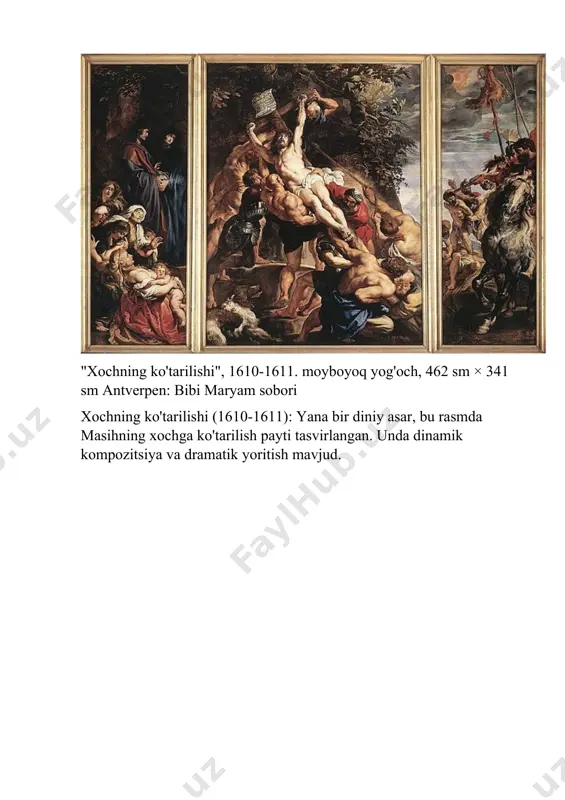 amik kompozitsiya va dramatik yoritish mavjud. "muhabbat bog'i" (taxminan 1633 yil): bu allegorik rasm yam-yashil bog'dagi bir guruh odamlarni ishqiy ishlar bilan shug'ullantirganini tasvirlaydi. u o'zining sezgirligi va yorqin ranglari bilan mashhur. "begunohlarning qirg'inlari", 1610. mato moybo’yoq, 142 sm × 183 sm × 1,9 sm toronto: ontario san'at galereyasi. "begunoh go’daklarning qirg'ini" (1611 va 1636): ushbu keng ko'lamli rasmlarda bashorat qilingan masihning tahdidini yo'q qilish uchun baytlahmdagi barcha erkak chaqaloqlarni o'ldirish uchun qirol hirodning buyrug'i haqidagi bibliyadagi hikoya tasvirlangan. https://www.artmajeur.com/ru/magazine/5-istoria-iskusstva/piter-paul-rubens/333283 image1.jpeg image2.jpeg image3.jpeg image4.jpeg