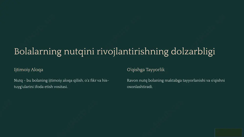 n faol suhbatlashing. 3 o'yinlar nutqni rivojlantiruvchi o'yinlar o'ynang. 8 xulosa va umumlashtirishlar maktabgacha yoshdagi bolalarning ravon nutqini rivojlantirish o'z vaqtida va to'g'ri yondashuv bilan muvaffaqiyatli amalga oshirilishi mumkin. oila, ta'lim muassasalari va mutaxassislarning birgalikdagi harakatlari bolaga to'g'ri nutq ko'nikmalarini shakllantirishda yordam beradi. 9 image1.png image2.png image3.png image4.png image5.png image6.png image7.png image8.png image9.png image10.png image11.png image12.png image13.png image14.png image15.png