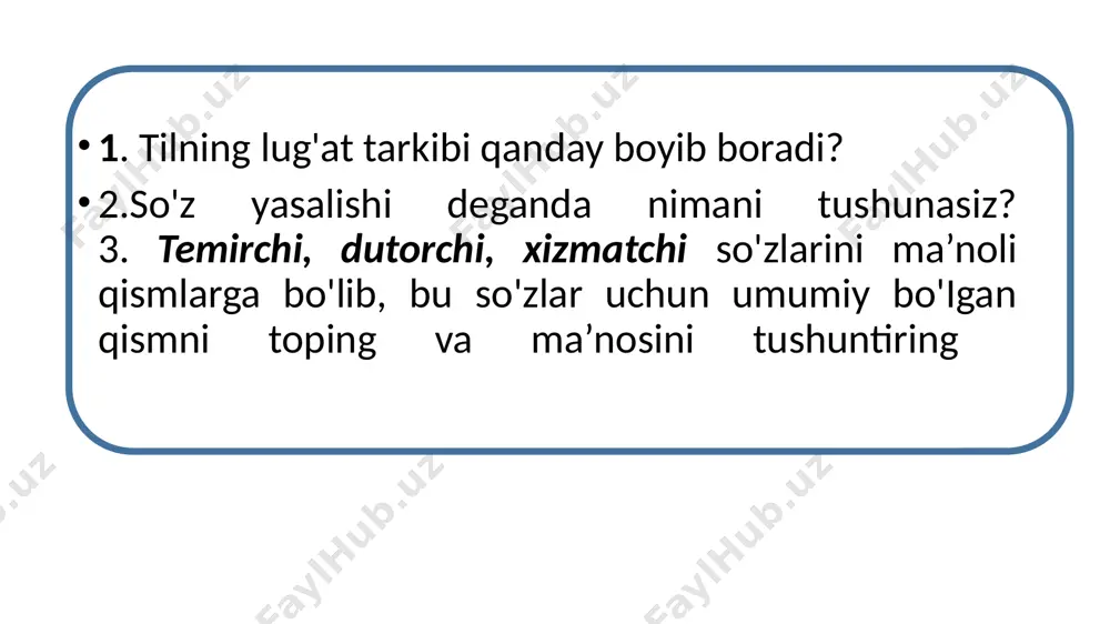 ng so'z yasovchi yoki so'z o'zgartiruvchi ekanligining ahamiyati bo'lmaydi. qanday ma’noli qismlardan — morfemalardan iborat ekanligi e’tiborga olinadi. so'zning yasalish tuzilishi esa faqat yasovchilarnigina o'z ichiga oladi. so'z o'zgartiruvchi qo'shimchalar so'z yasalishi tuzilishiga kirmaydi. so'z yasalishi tuzilishi doimo ikkita tarkibiy qismni — yasashga asos va yasovchi vositani o'z ichiga oladi. agar so'zda birdan ortiq yasovchi qo'shimchalar ishtirok etsa, eng oxirgisi yasovchi vosita sanaladi, oldingilari esa yasashga asos qism tarkibiga kiradi. masalan, taroqchi so'zida –chi yasovchi vosita, taroq yasashga asos, taroqchi yasalma, taroq so'zida esa -q yasovchi vosita, tara yasashga asos, taroq yasalma hisoblanadi. shuni ta’kidlash kerakki, so'z yasalishi tuzilishida yasashga asos qism bilan yasalma o'rtasida mazmuniy bog'liqlik, mazmuniy davomiyiik bo'ladi. yasalmada yasashga asos davom etadi. masalan, tepki so'zida yasalma bo'lib, -ki yasovchi vositasida tep so'zidan yasalgan. tepki yasashga asos qism m a’nosini davom ettiradi: 1. tepki uchun xoslangan moslama (otish qurolida). 2. tepki zarbasi (tepki yedi). o‘zbek tilida so‘z yasalishining …
