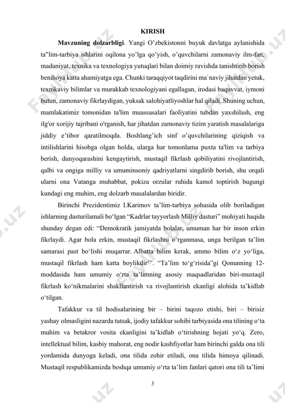 kllarda to‘g‘ri, ravon ifodalash ko‘nikmalarini shakllantirish ekan, demak, til o‘qitish metodikasi fani oldida o‘z yechimini kutib turgan navbatdagi dolzarb vazifa – o‘quvchilarda mustaqil matn yaratish ko‘nikmalarini shakllantirish muammosining ijobiy yechimini topishdan iborat. biz tanlagan ilmiy-tadqiqot mavzusi ana shu muammoning ilmiy – amaliy yechimini topish maqsadida amalga oshirildi bmi mavzusining dolzarbligi ham ana shu ilmiy-metodik zaruriyat bilan belgilanadi. kurs ishining maqsadi: boshlang‘ich sinf o‘quvchilarida ona tili darslari orqali matn tuzish ko‘nikmalarini shakllantirishning nazariy va amaliy asoslarini o‘rganish hamda ularni rivojlantirish usullarini aniqlash. kurs ishining vazifalari: 1. matn va matn tuzish ko‘nikmasi tushunchalarini nazariy jihatdan tahlil qilish. 2. ona tili darslarida matn tuzish ko‘nikmalarini shakllantirishning samarali metodlarini o‘rganish. 3. o‘quvchilarda mustaqil fikrni matn shaklida ifodalash malakasini rivojlantiruvchi topshiriq va mashqlarni tahlil qilish. 4. matn tuzish bo‘yicha innovatsion yondashuvlar va ularning dars jarayonidagi o‘rnini aniqlash. kurs ishining obyekti: boshlang‘ich ta’lim tizimidagi ona tili darslari. kurs ishining predmeti: boshlang‘ich sinf o‘quvchilarida matn tuzish ko‘nikmalarini …