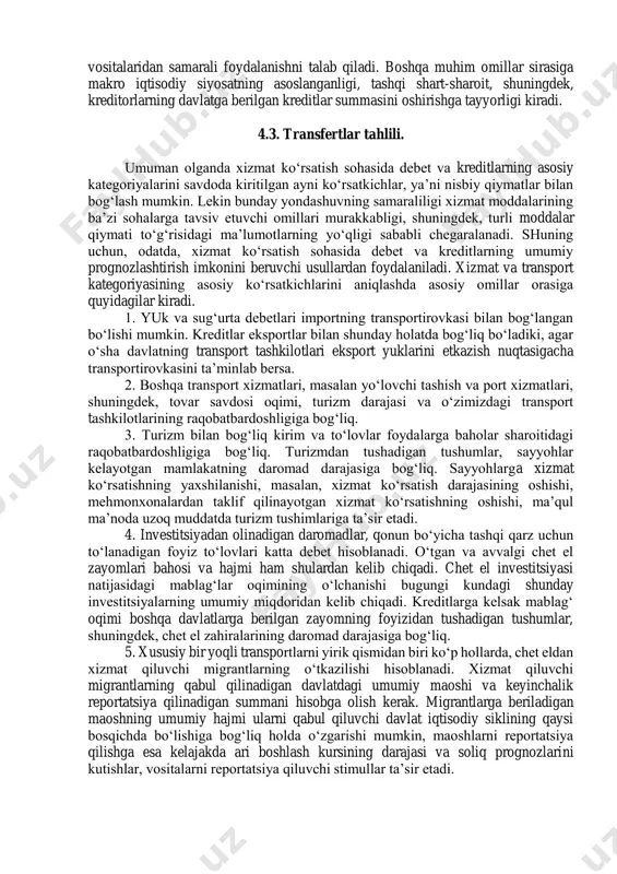 tsiyalarni baholashda, valyuta almashuvi ustidan kuchli nazorat bo‘lmagan davlatlarga tegishli so‘rovnomalar yoki tanlama kuzatishlar olib borish kerak bo‘lishi mumkin. “turizm” to‘lov balansi moddasini baholashda ba’zan davlat redidentlari tomonidan chet elda o‘tkaziladigan sutkaning o‘rtacha summasini kunlarning umumiy soniga ko‘paytiriladi, shuningdek, ushbu davlatda chet elliklar tomonidan o‘tkaziladigan kunlar soniga ko‘paytiriladi. sutkaning o‘rtacha kattaligini aniqlash uchun sayohat agentligi, banklar, mehmonxona va do‘konlardan olingan ma’lumotlardan foydalanish mumkin. chet el turistlarining mehmonxonalarda o‘tkazgan kunlari soni to‘g‘risidagi ma’lumotlarni to‘plash mumkin. turizm bo‘yicha ma’lumotlar davlatlararo ba’zi ma’lumot almashish yo‘li orqali tekshirilishi mumkin. so‘rovnomalardan, shuningdek kema va aviakompaniyaning yo‘lovchilik chiptasi narxi to‘g‘risidagi ma’lumot, investitsion foyda va trans milliy kompaniyalarining to‘g‘ri investitsiyalari to‘g‘risidagi ma’lumotlarni olishda foydalanish mumkin. qisqa muddatli kapital oqimi bo‘yicha ma’lumotlar, odatda, ishonchsiz hisoblanadi. valyuta almashuvi to‘g‘risidagi ma’lumotlarning asosiy manbai sifatida ishlatilishida tijorat, kredit to‘g‘risidagi ma’lumotni, qiyin bo‘lsa, so‘rovnomalarni qo‘llaganda ma’lumotning kerakli hajmini olishi, shuningdek, uning ishonchliligini ta’minlash esa murakkabdir. 4.2 . to‘lov balansini xisobga olishni asosiy …