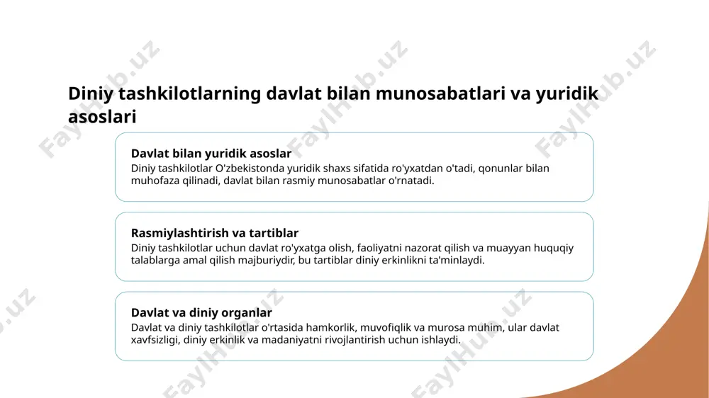 ga qarshi kurashishda muhim rol o'ynaydi, madaniyat va diniy qadriyatlarni himoya qilishda faol ishtirok etadi. 3 milliy identitet va din diniy tashkilotlar milliy identitetni mustahkamlashda, madaniyat va an’analarga mos ravishda diniy ta’lim va madaniyat dasturlarini amalga oshirmoqda. 4 muvozanat va xavf zamonaviy diniy muhitda muvozanatni saqlash va xavflarni aniqlash muhim, ekstremizm va diniy xurujlarga qarshi chora-tadbirlar doimiy ravishda amalga oshirilmoqda. diniy tashkilotlarning jamoatdagi roli va zamonaviy muhitdagi o’zgarishlar 1 jamiyatda roli va ta’siri - diniy tashkilotlar jamiyatda ma’naviy qo‘llab-quvvatlash, madaniyatni saqlash va yoshlarni tarbiyalashda muhim rol o‘ynaydi, ijtimoiy barqarorlikni ta’minlaydi. 2 zamonaviy o’zgarishlar va muammolar - diniy tashkilotlar yangi texnologiyalar va global muhitga moslashib, ekstremizm va diniy radikalizm kabi muammolarga qarshi kurashda faol ishtirok etmoqda. 3 ijtimoiy va madaniy integratsiya - ular milliy identitetni mustahkamlash va diniy hamjihatlikni rivojlantirish orqali turli etnik va dini guruhlar o‘rtasida muvofiqlikni ta’minlaydi. 4 muvozanat va xavfsizlik - diniy tashkilotlar davlat bilan hamkorlikda, diniy erkinlikni …