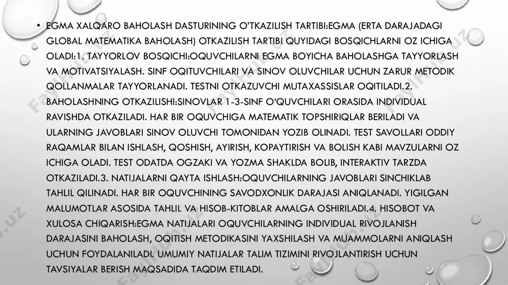 holash uchun yaratilgan tadqiqot vositasi. ushbu dastur turli mamlakatlarda oquvchilar ortasidagi oqish konikmalarini erta bosqichda aniqlash, monitoring qilish va ularni rivojlantirish boyicha malumotlar olishga yordam beradi.egra xalqaro baholash dasturining asosiy maqsadlari:1. oqish savodxonligini erta aniqlash: egra oquvchilarning oqish va tushunish qobiliyatlarini boshlangich sinflardan aniqlab, kelajakdagi talim jarayonidagi muammolarni hal qilishga yordam beradi.2. oqituvchilar va talim tizimini qollab-quvvatlash: dastur natijalari talim siyosatchilari va oqituvchilarga oquvchilarning oqish konikmalarini qanday qilib yaxshilash mumkinligini korsatadi.3. baholashning tezkorligi va aniqligi: egra baholashlari oddiy va qisqa vaqt ichida amalga oshiriladi, ammo aniq malumotlarni taqdim etadi. odatda, baholash jarayoni 15-20 daqiqa davom etadi. • egra xalqaro baholash dasturining baholash sohalari:1. harflarni aniqlash: oquvchining harflarni taniy olish qobiliyati.2. sozlarni oqish: oquvchi kop ishlatiladigan sozlarni qay darajada tez va togri oqiy olishini baholash.3. oqilgan matnni tushunish: oquvchining oqiganini qanday tushunganini aniqlash uchun turli savollar beriladi.4. boginlarni oqish: sozlarning boginlarini oqish qobiliyati ham baholanadi.5. ertaklarni yoki qisqa hikoyalarni oqish: oquvchilar …