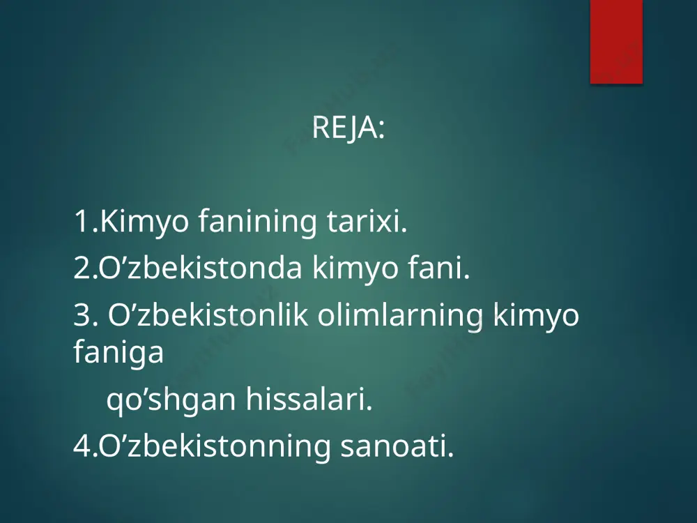 i "xem" yoki "hame"dan olingan degan fikrni ilgari surishadi. bu soʻz "qora" yoki "qoramtir" maʼnosini anglatib, manbalarda "kimyo" "misr fani" degan maʼnoda keladi. boshqa bir guruh olimlar esa "kimyo" soʻzi yunoncha "kimyo" iborasidan kelib chiqqan boʻlib, "suyuqlik", "eritilgan metall"ni anglatishiga ishora qiladilar. abu abdullox al-xorazmiy . abu abdullox al-xorazmiyning "bilimlar kaliti" kitobida kimyoga alohida boʻlim ajratilib, unda turli moddalar, asboblar, tajribalar toʻgʻrisida mukammal maʼlumotlar keltirilgan. abul hakim al-xorazmiy esa alkimyo fani tajribalarida qoʻllanilgan taroziga ahamiyat beradi. al-haziniy tomonidan 1125 yilda yozilgan "dono tarozu haqida kitob"da turli koʻrinish va tuzilishdagi tarozilarda tortish usullari bayon qilinganligi manbalardan maʼlum. abu ali ibn sino "al-qonun" kitobida oʻsimlik, hayvonot, minerallar, tuzlar, kislotalar, ishqorlar, metallar, oksidlar va boshqa birikmalarning 750 dan ortiq turini yozadi. ularning nomi, xossalari, ishlatilishini to’la ifodalaydi. uning "taboshir kulchalari"dan (indoneziyada oʻsadigan bambukdan olib kulchaga qoʻshib oyoq-qoʻli singan bemorlarga beriladigan kremniy oksidi — inson organizmida tez erib singadigan modda) qanchadan-qancha odamlar shifo topgan. …