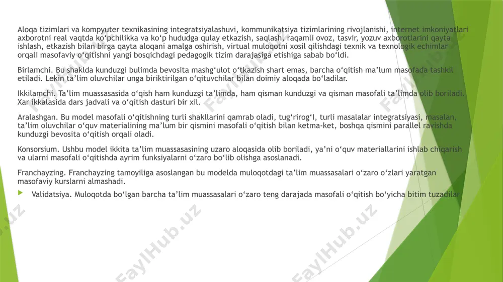 unda masofaviy ta’lim texnologiyalarini ta’lim jarayonida qo‘llash va uni boshqarish ham muhim o‘rin tutadi. bu borada, respublikamizda qator dolzarb ishlar olib borilmoqda. 2012-yildan boshlab o‘zbekiston respublikasi barcha oliy ta’lim muassasalari (otm) o‘rtasida yagona videokonferensiya ta’lim texnologiyasi amalga oshirildi va hozirgi kunda bu borada elektron ta’limga katta e’tibor qaratilmoqda. bunda otm’larga yangi imkoniyatlar va istiqbollar ochib berish borasida rejali ishlar amalga oshirilmoqda. masalan, hududlardagi kadrlar malakasini masofadan boshqarish bunga misol bo‘la oladi. elektron yoki masofaviy ta’limning yangi bosqichida nafaqat axborot texnologiyalarini qo‘llash, balki elektron shakldagi ta’lim manbalarini bilan ta’minlashni ko‘zda tutiladi. elektron va masofaviy texnologiyalar – ta’limning axborot va kommunikatsiya texnologiyalari qo‘llangan variantlaridir. foydalanilgan adabiyotlar: 1. mirziyoev sh.m. erkin va farovon, demokratik o‘zbekiston davlatini birgalikda barpo etamiz. o‘zbekiston respublikasi prezidenti lavozimiga kirishish tantanali marosimiga bagishlangan oliy majlis palatalarining qo‘shma majlisidagi nutq. t.: o‘zbekiston, 2006. 2.mirziyoev sh.m. tanqidiy tahlil, qat’iy tartib-intizom va shaxsiy javobgarlik har bir raxbar faoliyatining kundalik qoidasi bo‘lishi kerak. …