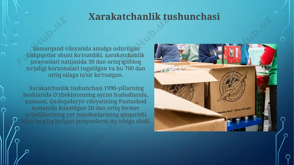 iy zavodlarida ishlatiladigan usul hisoblanadi. qisqarishning bir turi bo‘lgan abraziv aşınma, 20-30 mikrometrli zarrachalar yordamida metallarning yuzasini 5-10 mm gacha qisqartirishga imkon beradi, bu jarayon toshkentdagi mexanika zavodlarida keng qo‘llaniladi. manbalar xarakatchan jarayonlarni o'rganish bo'yicha 2023-yilda toshkent shahrida o'tkazilgan 5-xalqaro konferensiyaning materiallari muhim ma'lumotlar manbai hisoblanadi. samarqand davlat universiteti kutubxonasida 19-asrga oid 30 dan ortiq qo'lyozma manbalar mavjud bo'lib, ularda xarakatchan jarayonlarga oid qimmatli ma'lumotlar saqlanib qolgan. kichrayishni boshqarish usullari qishloq xoʻjaligida, masalan, samarqand viloyatida paxta yetishtirishda, 30% gacha hosildorlikni oshirish uchun, suv sarfini 15% ga kamaytirishga qaratilgan kichrayishni boshqarish texnologiyalari qoʻllaniladi. toshkent shahridagi zamonaviy issiqxonalarda, 2 ga yaqin maydonda, iqlimni boshqarish tizimlari orqali, oʻsimliklarning suv isteʼmolini 20-25% ga kamaytirish orqali kichrayish jarayoni samarali boshqariladi. tadqiqotlar тошкентдаги 2022 йилги тадқиқотлар натижалари кўрсатишича, харакачон жараёнларининг 30%и ҳудудий ўзгаришларга боғлиқ бўлиб, бу эса ер ресурсларининг нотўғри бошқарилиши билан изоҳланади. 100 дан ортиқ намунавий ҳудудларда ўтказилган геологик тадқиқотлар харакачоннинг қисқариш жараёнларига тектоник ҳаракатларнинг …