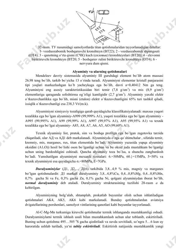 iga asosan kemalarning sirtini qop- lashda va kimyo mashinasozligida ishlatiladi. titan aluminiydan ozroq og‘ir (zichlik - «plotnost»: al uchun γ = 2,7 g/sm3; ti uchun γ = 4,51g/sm3; fe uchun γ =7,68 g/sm3). lekin puxtaligi aluminiy puxtaligiga qaraganda 3 baravar ortiq. shuning uchun titan samolyotsozlikda ko‘p qo‘llaniladi. titanning kamchiliklari ham bor: normal elastiklik moduli polatnikidan ikki barobar kichik. bu bikr va ustuvor konstruksiyalar yaratishni qiyinlashtiradi. yuqori haroratdagina emas, balki normal haroratda ham yeyiluvchanlik xossasi namoyon bo`ladi. titan markasi g‘ovak titandagi qo'shimchalar miqdori, % hisobida mexanik xossalari fe si c cl2 o2 n2 h2 в,кг/мм2 , % , % ан, кгм/см2 нв btoo 0,15 0,05 0,05 0,06 0,1 0,03 00 38 36 64 0 115 bto 0,15 0,05 0,05 0,06 0,1 0,03 0,01 46 28 50 10 145 bti 0,01 0,1 0,06 0,08 0,2 0,05 0,03 53 24 42 5 165 bt2 0,3 0,1 0,06 0,1 0,2 0,06 0,02 60 20 …