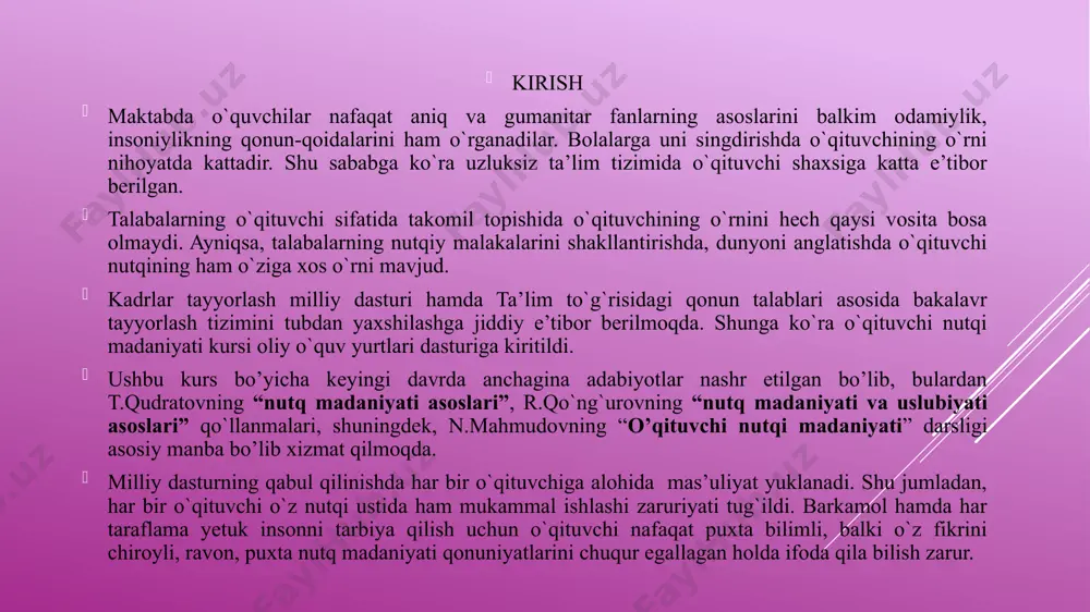 shi zarur bo`lgan xabarlarni tinglovchiga hurmat qilgan holda, bilish, chunki ularni bilmaslik aniqlikning buzilishiga olib keladi: paronimlarni bilish, ulardan tovush yaqinliklariga e’tibor berish; tor muhitda ishlatiladigan dialektalizm so`zlarning ma’nolari yaxshi anglatgan holda nutqqa kiritish. o`qituvchining ovozidan quyidagi xususiyatlar bo`lishi lozim. 2. sharq mutafakkirlari o’qituvchi nutqi va uni shakllantirish haqida. buyuk mutafakkirlar o’qituvchi nutqi va uni shakllantirish haqida. notiqlik mahorati qadim zamonlardan san‘at darajasiga kutarilgan. qadimgi gretsiya / yunoniston / da va rimda notiqlik madaniyatining nazariy asoslari yaratildi. nutqning oldiga quyiladigan talablar ishlab chiqildi. bunga quldorlik to’zumining rivojlanishi, quldorlik demokratiyasi sabab bo’ldi. bu davrda davlatning, savdo – sotiqning, sud ishlarining nixoyatda taraqqiy etishi notiqlikni san‘at darajasiga ko’tardi. u davrda davlat arboblarining obru – e‘tibori va yuqori lavozimlarga ko’tarilishi ularning notiqligi mahoratiga ham bog’liq bo’lgan. notiqlik san‘ati sarkardalik mahorati bilan baravar darajada ulug’langan. notiqlik va sarkardalik san‘atini mukammal egallagan arboblargina yuqori lavozimlarga saylangan. yetuk inson bo’lish uchun albatta, notiqlik san‘atini egallash shart …