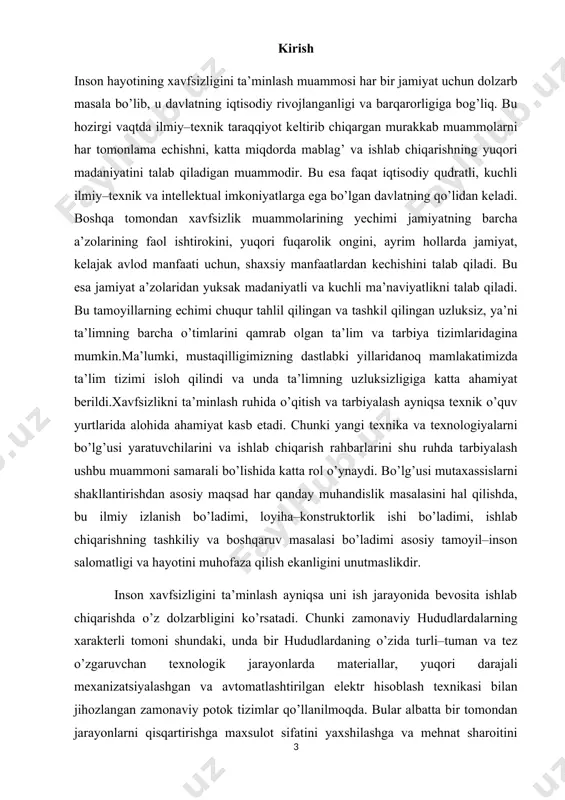 ng`in xalq xo`jaligiga moddiy zarar kеltiradi. bir nеcha minut yoki soat ichida juda katta miqdordagi xalq boyliklari yonib, kulga aylanadi. yong`in vaqtida ajralib chiqadigan tutun, karbonat angidrid va boshqa zararli hid hamda gazlar atmosfеraga ko`tarilib, havoning tarkibini buzadi. bundan tashqari, kishilarning jarohatlanishiga, hatto o`limiga sabab bo`ladi. bularning hammasi, yong`inga qarshi kurash tadbirlari va ishlarning xavfsiz bajarish usullarini mеhnat muhofazasi bilan birgalikda o`rganishni taqozo qiladi. . respublikamizga xorijiy texnik vositalar muntazam kirib kelmoqda, neft va gaz sanoati, energetika, rangli metallurgiya, kommunikatsiya va aloqa tarmoqlari keskin rivojlanmoqda. bu yong’in o’chirish texnik vositalariga bo’lgan talab va e’tibor o’z-o’zidan oshishiga olib keladigan omillardan biridir.jumladan, xorijiy davlatlarda yong’inga qarshi kurashish, yong’inlar oldini olish maqsadlarida zamonaviy texnik vositalardan samarali va unumli foydalanib kelinmoqda. asosiy qism 1.1. o‘zbekiston respublikasi yong’in muhofazasini tashkil etish yong‘inni o‘chirishda professional va ko‘ngilli o‘t o‘chirish jamiyatlari amalda faoliyat ko‘rsatadi. professional yong‘in muho-fazasi harbiylashtirilgan va harbiylashtirilmagan turlarga bo‘linadi.tashkilotlar, korxonalar va хo‘jаliklаrdа yong‘in muhofazasini …