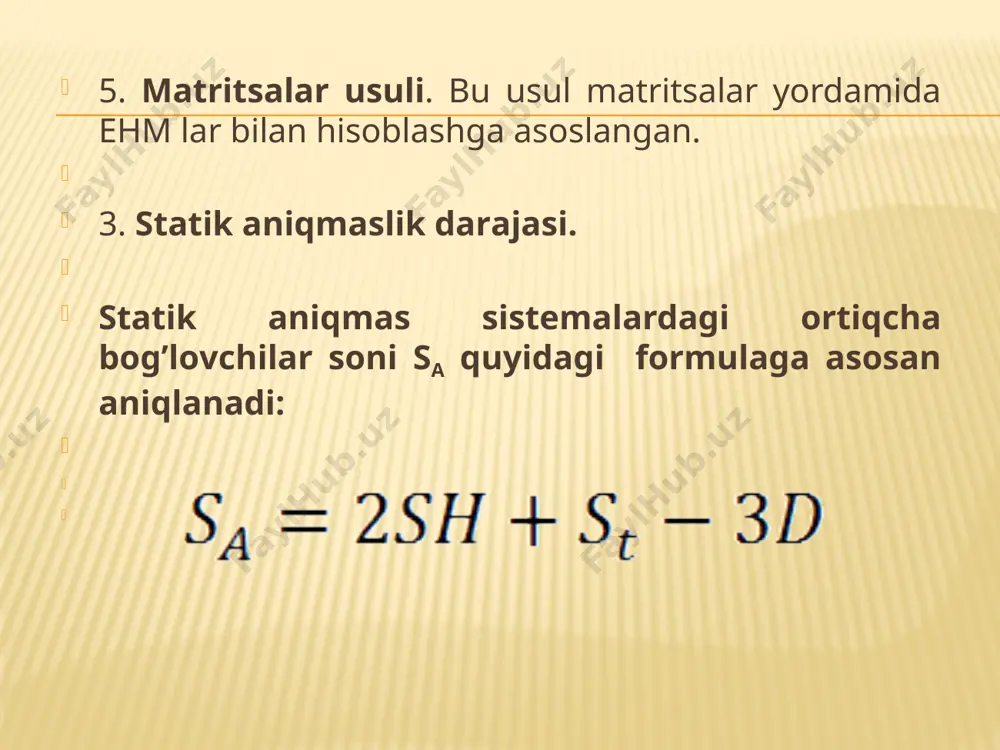 ta’siriga hisoblash tartibini ayting? ma’ruzani mustahkamlash uchun savollar. 1. kuchlar usulining asosiy sistemasi qanday tanlanadi? 2. kuchlar usulining kanonik tenglamalari qanday tuziladi? 3. kuchlar usulining asosiy sistemasi deb nimaga aytiladi? ? 4. kuchlar usulining kanonik tenglamalari deb nimaga aytiladi? 5. kuchlar usulining kanonik tenglamalarini yozing? 6. kuchlar usulining kanonik tenglamasi koeffitsientlari va ozod hadlari qanday aniqlanadi? 7. kuchlar usulining kanonik tenglamasi koeffitsientlari va ozod hadlarini tekshirishni ayting? 8. ramaning ixtiyoriy kesimidagi mx , qx va nx epyuralarini kurishni xamda tekshirishni ayting? 9. statik aniqmas ramalarni tashqi yuklar ta’siriga hisoblash tartibini ayting? /docprops/thumbnail.jpeg