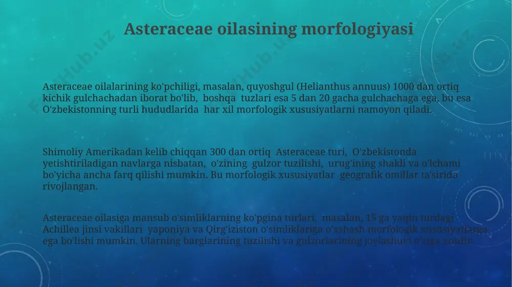 ishlash texnologiyalari yordamida, samarqand viloyatida asteraceae o'simliklaridan olingan efir moylarini 2 barobar ko'paytirish mumkin. asteraceae o'simliklaridan olingan efir moylari, xususan, shifobaxsh xususiyatlari tufayli, jahon bozorida 2023 yilda 5 milliard dollarga baholandi. o'zbekistonning farg'ona vodiysida 30 dan ortiq asteraceae oilasiga mansub endemik o'simlik turlari mavjud bo'lib, ularning 15 foizi yo'qolib ketish xavfi ostida. asteraceae oilasining tibbiy qo'llanilishi shimoliy afrika va yaqin sharq mamlakatlarida asteraceae oilasiga mansub 10 dan ortiq o'simlik turi, xalq tabobatida taxminan 5000 yildan beri nafas yo'llari kasalliklarini davolashda ishlatiladi. asteraceae oilalariga mansub o'simliklarning 300 dan ortiq turi o'zbekistonning turli hududlarida, jumladan, farg'ona vodiysida va qashqadaryoda, an'anaviy tibbiyotda yallig'lanishga qarshi vosita sifatida qo'llaniladi. asteraceae oilasining ba'zi vakillari, masalan, romashka (matricaria chamomilla), 2-5% konsentratsiyada terining kuyishi va yaralarini davolashda samarali ekanligi klinik tadqiqotlar bilan tasdiqlangan. asteraceae oilasining turlari va ularning xususiyatlari asteraceae oilasiga mansub 3000 dan ortiq turdagi o'simliklar dunyoning turli mintaqalarida, jumladan, o'zbekistonning tog'li hududlarida va farg'ona vodiysida keng …