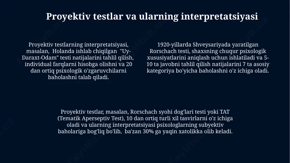 ida o'tkazilgan tadqiqotlar natijalarini klinik usullar bilan birgalikda tahlil qilish, ishonchli xulosalar chiqarishga yordam beradi. klinik usullar, masalan, 5 omilli shaxsiyat modeli yordamida, 100 dan ortiq toshkentlik ishtirokchilarning shaxsiyat xususiyatlarini aniqlashga yordam beradi. psixometrik usullar: testlar va so'rovnomalar psixometrik testlarning ishonchlilik koeffitsiyenti, masalan, kuder-richardson formulasi yordamida 0.7 dan yuqori bo'lishi kerak, aks holda, testning natijalari amerika psixologlar assotsiatsiyasi (apa) standartlariga javob bermaydi. 1916-yilda amerika qo'shma shtatlarida ishlab chiqilgan stanford-binet intellekt testining o'zgartirilgan versiyalari hozirgi kunda ham dunyoning ko'plab mamlakatlarida, shu jumladan o'zbekistonda qo'llaniladi va shaxsning intellektual qobiliyatini baholaydi. shaxsning xususiyatlarini o'rganishda 5 ta omil modeli (big five) asosida qurilgan so'rovnomalar, masalan, neo pi-r, psixologik tadqiqotlarda keng qo'llaniladi va shaxsning ekstraversiyasi, ochiqligi va boshqa xususiyatlarini aniqlaydi. shaxsiyat psixologiyasining asosiy metodlarini tanlash minnesota multiphasic personality inventory (mmpi) va rorschach sinovlari kabi 2 ta loyihalashtirilgan testlardan foydalanish, 100 ta talaba ustida eksperiment o'tkazish orqali samarqand shahrida shaxsiyatning turli jihatlarini o'rganishga imkon beradi. shaxsiyat …