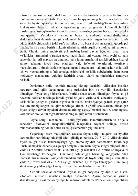 lari va shartlari evaziga olgan korxonalar ushbu soliq bo‘yicha juda katta imtiyozlarga ega bo‘ladi, jumladan ishlab chiqarishni fizik hajmini oshirishdan olingan foyda umuman soliqqa tortilmaydi, xalq iste’mol tovarlarini bolalar uchun tovarlarni, tovarlarni eksport qilganligi uchun ishlab chiqarish korxonalariga soliq qonunchiligiga koʻra juda katta imtiyozlar belgilangan. soliqqa tortish maqsadida yuridik shaxs rekvizitlariga stir (inn) kiritiladi. stir (soliq to‘lovchining identifikatsion raqami) har bir yuridik shaxs uchun tuziladi va yuridik shaxs ushbu raqamini ko‘rsatgan holda soliq va moliyaviy hisobotlarini soliq inspeksiyasiga taqdim etadi. 2. yuridik shaxslardan undiriladigan foyda solig‘ining byudjet daromadlarida tutgan o‘rni foyda yalpi ichki mahsulotlarning bir qismini taqsimlash va qayta taqsimlashni yuzaga keltirishda muhim rol o‘ynaydi. ishlab chiqarishning uzluksizligi, uning kengaytirilishi markazlashtiriladigan va nomarkazlashtiriladigan jamg‘armalarni tashkil etishda foyda nafaqat sifat ko‘rsatkichi sifatida, balki shu bilan birga u shu jarayonda yuzaga kelishi mumkin bo‘lgan moliyaviy va soliq munosabatlarini tashkil etuvchisi va manbasi hamdir. yalpi ichki maqsulotning bir qismini hosil qilish, taqsimlash va …