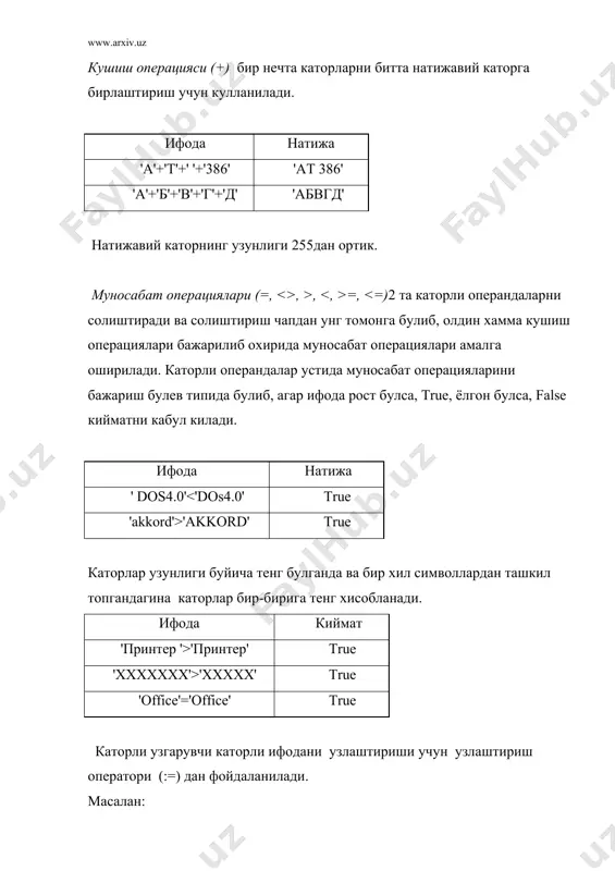 н алфавитидаги харфлар билан ишланади киймат ифода натижа 'a' upcase(ch) 'a' каторларни ишлатилишига мисол мисол сифатида “югурувчи катор” дастурининг вариантларидан бирининг матнини келтирамиз. program demostringgo; { мисол: "югурувчи катор" } uses crt; type stroka = string[160]; var vhod: stroka; procedure gostring (x,y:byte; inst:stroka); { x,y - “югурувчи катор”координаталари } var st1: stroka; i: byte; begin st1:=' '; clrscr; st1:= st1+inst; for i:= 1 to length(st1) do begin delete(st1,1,1); gotoxy(x,y); write(st1); sound(1000); { каторни харакатини овозли кузатиш } delay(5); nosound delay(90); delline end end; { gostring } begin { demostringgo } gostring(1, 10, ' принтерни уланг !!!'); { параметр- киймат } vhod:= 'когозни урнатинг !!!'; gostring(1, 14, vhod) { параметр - узгарувчи } end. { demostringgo } gostring процедурасининг кулланилиши жуда кенг булиб, авария сигналларидан тортиб, то меню элементларини ташкил килишгача бажариш мумкин.
