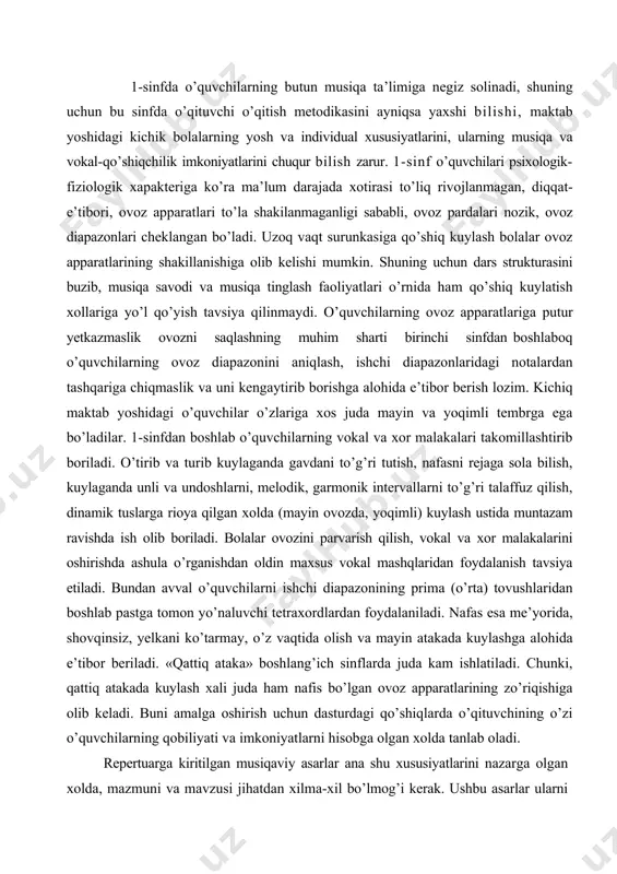 va xor malakalarini oshirishda ashula o’rganishdan oldin maxsus vokal mashqlaridan foydalanish tavsiya etiladi. bundan avval o’quvchilarni ishchi diapazonining prima (o’rta) tovushlaridan boshlab pastga tomon yo’naluvchi tetraxordlardan foydalaniladi. nafas esa me’yorida, shovqinsiz, yelkani ko’tarmay, o’z vaqtida olish va mayin atakada kuylashga alohida e’tibor beriladi. «qattiq ataka» boshlang’ich sinflarda juda kam ishlatiladi. chunki, qattiq atakada kuylash xali juda ham nafis bo’lgan ovoz apparatlarining zo’riqishiga olib keladi. buni amalga oshirish uchun dasturdagi qo’shiqlarda o’qituvchining o’zi o’quvchilarning qobiliyati va imkoniyatlarni hisobga olgan xolda tanlab oladi. repertuarga kiritilgan musiqaviy asarlar ana shu xususiyatlarini nazarga olgan xolda, mazmuni va mavzusi jihatdan xilma-xil bo’lmog’i kerak. ushbu asarlar ularni xis-tuyg’ularini ifodalash bilan birga kundalik turmushni va tabiatni aks yettirishi lozim. o’qituvchi o’quvchilarni hayotiy tajribalariga asoslangan xolda har bir musiqa zamirida ma’lum xis-tuyg’u va fikrlar aks yettirilishi haqida tushuntirishi kerak. birinchi darslardanoq musiqa asarlarini o’zidan paydo bo’lmasligi, uni kimdir katta ijodiy mehnat qilib yaratishi haqida suhbat o’tkazadi. buning uchun …