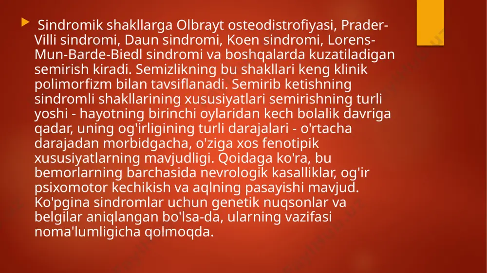 : vaginal atreziya, bachadon va qinning ikki baravar ko'payishi. kasallikning tez-tez namoyon bo'lishi o'sishning kechikishi hisoblanadi. voyaga etgan bemorlarda glyukoza bardoshliligining pasayishi yoki diabetes mellitus tez-tez aniqlanadi va ba'zida diabet insipidusi aniqlanadi. sindromning klinik ko'rinishi aqliy zaiflik bilan tavsiflanadi, u engil zaiflikdan ahmoqlikgacha o'zgaradi va ko'pincha boshqa alomatlarning og'irligi bilan bog'liq. ba'zida konvulsiyalar, spastik paraplegiya, serebellar va ekstrapiramidal kasalliklar mavjud. oftalmoskopiya ko'zning to'r pardasi periferiyasida va optik asab papillasi hududida pigmentning cho'kishini aniqlaydi. retinaning progressiv degeneratsiyasi 6-7 yoshdan boshlab ko'rishning pasayishiga olib keladi, dastlab gemeralopiya shaklida, keyinchalik (20-30 yoshda) to'liq ko'rlik rivojlanadi. ko'rish organlarining boshqa anomaliyalari ham tavsiflanadi: makula degeneratsiyasi, katarakta, miyopi, optik nervlarning atrofiyasi, nistagmus va mikroftalmos. ichki organlarning nuqsonlaridan buyrak displaziyasi, ularning kistoz degeneratsiyasi, nefroskleroz, gidronefroz, glomerulonefrit, pielonefrit va boshqalar xarakterlidir gidrosefali . tashxis bardet-biedl sindromi bilan og'rigan bemorlar uchun prognoz nuqtai nazaridan katta muammo - bu ko'rish organlari va buyraklarning progressiv patologiyasi. shunday qilib, adabiyotlarga ko'ra, bemorlarning …