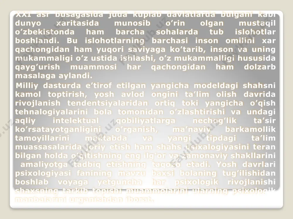 biologik va ijtimoiy omillarnish axamiyatini izchil urgandi. frants\ch psixologi e.dyurkgeym biologiyada ireiyat kanchalik axamiyatga ega bulsa, taklid xam jamiyatda shunday urin tutishpnn uktiradi. p.janening (frantsuz) fikricha, shaxslararo tashk! m\ nosabatlar rivojlanishnpsh printsipi xisoblanadi. anketa metodi har bir savol 1 nechta javoblar berdilar anglatadigan mativlar anglashga mo’ljallangan savollari turlari sinatuvchi yozilgan to’g’ri javoblarni ballar bilan baholash tavsiya etiladi ibn sinoning 5 tomlik tib qonunlari» asarida organizmning bo’lilnishi, undagi nervlar va nerv yullari, fiziologik jarayonlar hakida ancha muxim ma’lumotlar bor. uning «odob xakida» risolasi xam inson shaxsini shakllantirish tufisidagi jiddiy shr. yusuf xos xoyasibning «kutadtu bilig» asaridagi bosh masalalardan biri - komil insonpi tarbiyadashdir. davoniy yashish «axlokiy jaloliy» asarida inson uzining akliy kobiliyati va iste’dodini tarbiyalashi kerakligi. buning uchun bidimlarni egallashi lozimligini ta’kidlaydi. a.navoiyning barcha asarlarida yetuk, barkamol insonning axloki, ma’naviyati. odamlarga munosabati, iste’dodi va kobiliyati to’g’risida kimmatli fikrlar yuritilgan. yukoridagi allomalardan mutaffakkirlari bobur. farobiy. uvaysiy." nodira. uvaysiy, mukimiy. xamza, avloniylarning yoshlar …