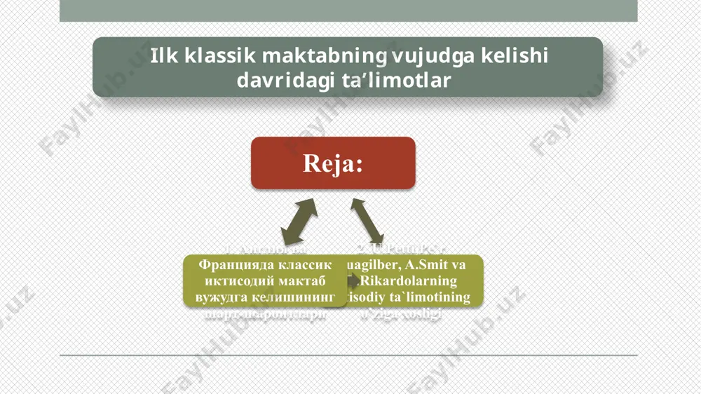 y iqtisod maktabining vakillari u. petti d. rikardo f. kene a. smit ilk klassik maktab ta`limotlari asoschilari p. buagilber (1646-1714 yil) v. petti (1623-1687 yil) у.петтининг тадкикот усулида эмпиризм элементлари (унсурлари) бўлишига карамасдан (бу масалан, ер бахосини талкин этишда кўринади), давлатнинг иктисодий фаолиятга аралашувини кисман кўллайди (мамлакатдаги савдогарлар сонини кискартиришни талаб этади), у асосан эркин иктисодиёт (laisser faire) тамойилларини qўллайди ва меркантилистлардан фаркли равишда пул муомаласи хамда савдони эркинлаштириш тарафдори бўлган. uilyam petti qarashlari mamlakatningt yeri, uylar, kemalar, tovarlar va xatto uy jihozlari ham boylikni tashkil etadi; “mehnat boylikning otasi, yer esa uning onasi” degan iborani ishlatadi; mamlakat boyligini ko'paytirish uchun, qamoq jazosi o'rniga pul jarimasini joriy etish, pul to'lashga “qurbi yetmagan o‘g’irlarni” esa “qullikka” mahkum etish, ishlashga majbur etish; chetga pul chi’ishini ta’qiqlash bemani narsa ekanligi pulning miqdoriy nazariyasi tarafdori edi klassik maktab rivojlanishi bosqichlari ulyam petti – klassik iqtisodiy maktabning asoschisi, uning boylik, qiymat, pul va daromadlar to’g’risidagi …