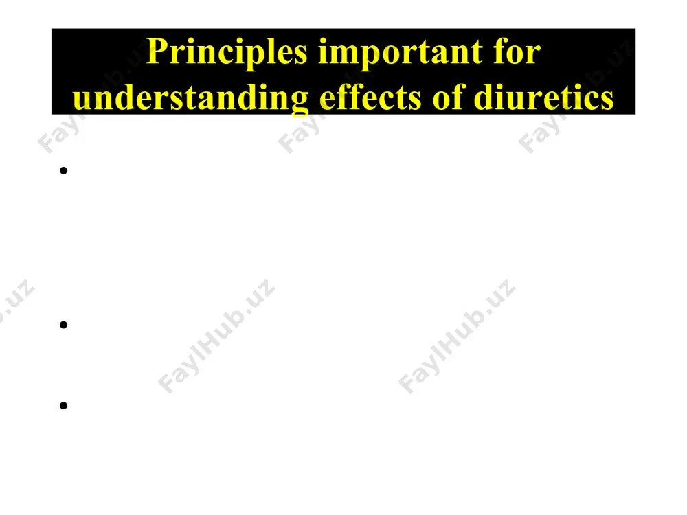 limination: unchanged in kidney or by conjugation in the liver and secretion in bile. from brater, dc. pharmacodynamic considerations in the use of diuretics. ann. rev. pharmacol. toxicol 1983, 23:45-62. clinical uses of loop diuretics edema due to chf, nephrotic syndrome or cirrhosis acute heart failure with pulmonary edema hypercalcemia not in widespread use for the treatment of hypertension (except in a few special cases e.g. hypertension in renal disease) hypokalemia, metabolic alkalosis, hypercholesterolemia, hyperuricemia, hyperglycemia, hyponatremia dehydration and postural hypotension hypocalcemia (in contrast to thiazides) hypersensitivity ototoxicity (especially if given by rapid iv bolus) adverse effects of loop diuretics similar to thiazides in many respects edema: therapeutic considerations therapy is palliative (except with pulmonary edema). need a mild sustained response. specific consideration to potassium homeostasis, i.e. supplement with k-salt or use k-sparing diuretic. therefore, in most cases start with a thiazide. if resistant, move to loop diuretic. from brater, …