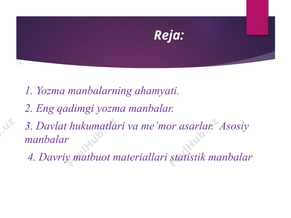 hamda sosoniylar davrida ham davom etirildi. avestoning qo`shiqlari va qissalari abulqosim firdafsiyning “shohnoma” dostoniga manba bo`lib hizmat qilgan. behustun yozuvlari eron hukmdori doro i tomonidan suza shahri yaqinidagi behustun qoyalariga 3 tilda elam, fors, bobil tillarida yozilgan. bu qoyada eronlik askarlar bilan birga sak, massaget, so`g`d halqlari yunonlar bilan bo`lgan janglarda qatnashganliklari va satrabliklarning ishtimoiy –iqtisodiy – manaviy – madaniy turmush tarzi aks ettirilgan. bu yozuvlarning hozirgi yetti guruhi: lena – baykalbo`yi bitiklari, yenisey, mo`g`uliston, oltoy, sharqiy turkiston, o`rta osiyo bitiklari ma`lum. bu bitiklar o`rta osiyo, shuningdek, o`zbekiston halqlarining arablar istilosi arafasidagi ijtimoiy – siyosiy hamda madaniy hayotini o`rganishga yordam beradi. qadimgi turk manbalari – bular orasida xvii asrda sibr hamda mo`g`ulistonda, oltoy hamda o`rta osiyo , o`bekistonda topilgan runiy bitiklar alohida qimmatga ega. qonunchilik aktlari –turli shakllarda bo`ladi bular –hukumatlar tomonidan e`lon qilingan manefis, farmon, ustav, (maromnoma) qonun va qonunlar majmuasi bo`lishi mumkun. davlat ish yuritish hujjatlariga davlatning markaziy …