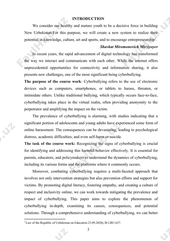 ng it particularly insidious and challenging to address. the anonymity and perceived distance afforded by the online environment often embolden individuals to engage in behaviors they might not consider in face-to-face interactions. moreover, the viral nature of content on the internet means that harmful messages and images can spread rapidly, causing profound and lasting harm to victims.the impact of cyberbullying extends beyond the digital realm, affecting victims' mental health, emotional well-being, and even academic or professional performance. research has shown that cyberbullying can lead to increased levels of anxiety, depression, and even suicidal ideation among victims, highlighting the urgent need for effective prevention and intervention strategies.in this paper, we will explore the various dimensions of cyberbullying, including its definition, prevalence, underlying motivations, and the psychological and sociocultural factors that contribute to its perpetuation. we will also examine the warning signs and effects of cyberbullying, as well as legal and ethical …