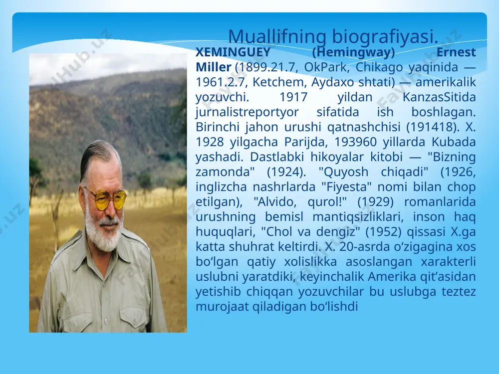 keladi og’ir yarador bo’ladi shu paytda kitobxonda cholga nisbatan rahm shafqat tuyg’usi uyg’onadi. oxirida u g'alaba qozonadi. aynan shu lahzada asarning asosiy falsafiy g'oyalari ochiladi, ya'ni "odamni yo'q qilish mumkin, lekin uni mag'lub etish mumkin emas". asar sarlavhasi asarda chol va dengiz o’rtasidagi to’qnashuvlar voqealar bo’ladi va chol 84 kunlik umrini dengizda kechiradi yozuvchi shu jihatdan asarga “chol va dengiz’’ deb nom bergan toponimlar chikago kanarorollari gavana afrika golfstrim terras kasb hunarga oid so’zlar baliqchi afitsant gidvaturistlar beysbol ekspert asar syujeti oddiy. keksa baliqchi santyago dengizda baliq ovlashga chiqadi, sakson to’rt kun davomida o’ljani qidirish muvaffaqiyatsiz bo’lganidan so’ng u ulkan qilich baliqqa duch keladi. u shunchalik katta va baquvatki, ilgakni yutib yuborib, cholning qayig’ini sudrab uzoq dengizga suzadi. baliqchi va bahaybat baliq o’rtasidagi jang uch kun davom etadi. oxir oqibat santyago g’alaba qozonadi, lekin yirtqich akulalar uning o’ljasini yutib yuboradi. ko’p odamlarni ovqatlantira oladigan chiroyli baliq o’rniga (baliqchi bu haqda …
