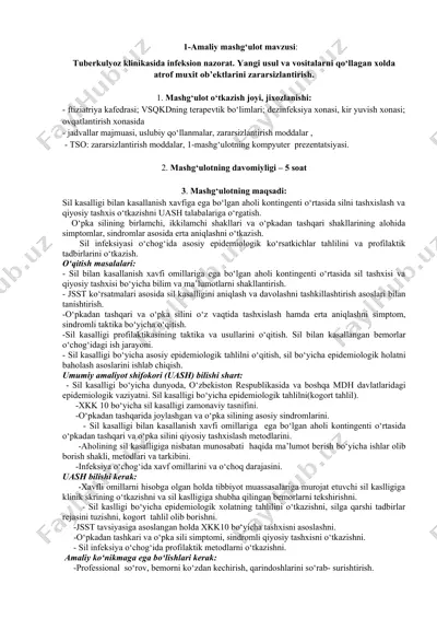 tuberkulyoz klinikasida infeksion nazorat. yangi usul va vositalarni qo‘llagan xolda atrof muxit ob’ektlarini zararsizlantirish — DOCX