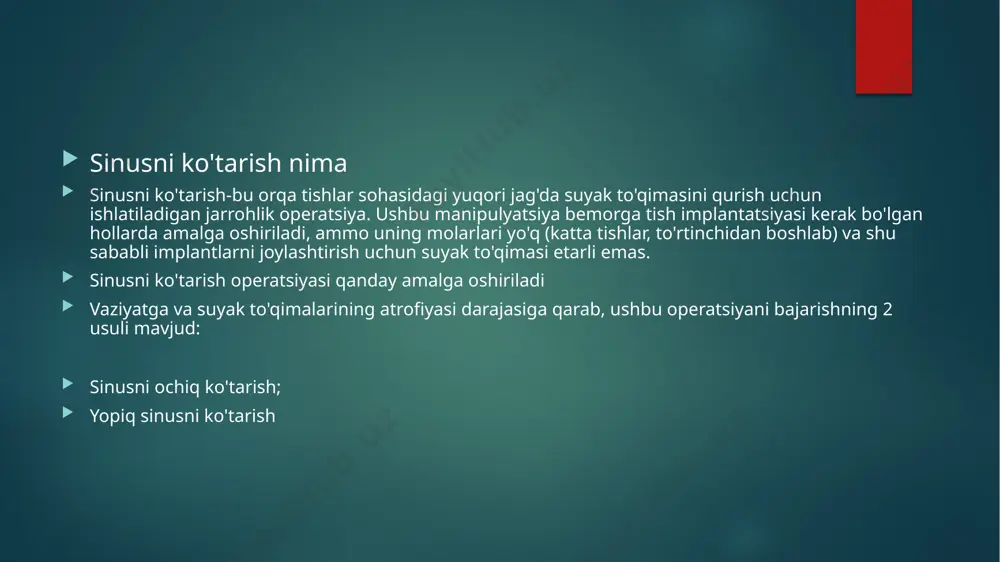 o'g'ri tish ildizi orqali vertikal yondashuv orqali amalga oshiriladi. jarayon davomida mutaxassis sinus qoplamasini ko'taradi va implantlar uchun qo'shimcha yordam yaratish uchun suyak to'qimasini yoki suyak o'rnini bosuvchi vositani kiritadi. ikkala sinus ko'tarilishi ham orqa maksillada suyak hajmini oshirishi mumkin, bu ayniqsa suyakning ajralishi yoki sinusning ko'tarilishi tufayli implantlarni joylashtirish uchun joy etarli bo'lmaganda foydalidir. yopiq sinusni ko'tarish odatda bir vaqtning o'zida tishni olib tashlash va keyin implantatsiya qilish uchun ishlatiladi. va ochiq sinusni ko'tarish, uning murakkabligi va shikastlanishi tufayli, tish implantatsiyasidan 6 oygacha kechikishni talab qiladi ko'rsatmalar va qarshi ko’rsatmalar. yopiq sinus liftining asosiy ko'rsatkichi suyak to'qimalarining etishmasligi, ammo bu yerda ham ba'zi nuances mavjud. yopiq sinusni ko'tarish uchun zarur bo'lgan suyak hajmi kamida 5-6 millimetrni tashkil qiladi, boshqa hollarda ochiq sinus lifti buyuriladi. qolgan ko'rsatkichlar ham qandaydir tarzda suyak to'qimalarining hajmi va zichligi bilan bog'liq. suyak to'qimalarining yallig'lanishi va infektsiyasi, uning zichligi va hajmiga ta'sir qiladi.jag' va maksiller …