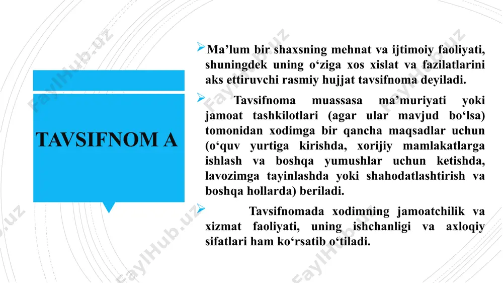 aqsadida beriladi. 2. muassasa ma’muriyat yoki ayrim shaxs tomonidan tuzilishi mumkin 3. muhr qo‘yilmaydi 4. tavsiyanoma berilayotgan shaxsning ijobiy xislatlari aytilib kelajakda yuklatilgan vazifani uddalashiga ishonch bildiriladi. tavsiyanoma va tavsifnomaning o‘xshashliklari shaxsning xislatlarini aks ettiradi lavozimiga tayinlash uchun beriladi 1-topshiriq. tavsifnoma va tavsiyanomaning farqlarini toping. tarjimayi holda barcha ma’lumotlar davriy ketma-ketlikda beriladi. hamma raqamlar arab raqamlarida berilishi talab etiladi. matnni bayon qilish shakli hikoya usulida bo‘lib, birinchi shaxs tilidan berilishi kerak. ma’lumotlar aniq sanalar bilan keltirilishi kerak. tarjimayi hol yozayotgan shaxsning ixtiyoriga qarab mufassal yoki muxtasar tarzda ota-ona haqida ham ma’lumot berishi mumkin. tarjimayi hol mustaqil ravishda muallif tomonidan tuziladigan hujjat, uni muallifning o’zi yozishi kerak. 1. hujjatning nomi (tarjimayi hol) 2. matn: a) muallif familiyasi, ismi va otasining ismi; b) tug‘ilgan yil, kun, oy va tug‘ilgan joyi; c) millati, ijtimoiy kelib chiqishi; d) ota-onasi haqida qisqacha ma’lumot (familiyasi, ismi va otasining ismi va ish joyi) e) ma’lumoti (qayerda, qanday …