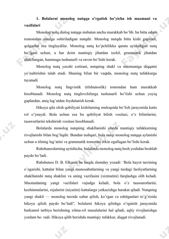 azifasini (xizmatini) farqlashga olib keladi. muomalaning yangi vazifalari vujudga keladi, bola o’z taassurotlarini, kechinmalarini, rejalarini (niyatini) kattalarga yetkazishga harakat qiladi. nutqning yangi shakli — monolog tarzida xabar qilish, ko’rgan va eshitganlari to’g’risida hikoya qilish paydo bo’ladi", bolalarni hikoya qilishga o’rgatish jarayonida barkamol tarbiya berishning xilma-xil masalalarini hal qiladi, aqliy rivojlanishga yordam be- radi. hikoya qilib berishda mantiqiy tafakkur, diqqat rivojlanadi. nutq grammatik jihatdan shakllangan bo’lib, o’zini tutish, jamoa oldida so’zga chiqish malakasi hosil bo’ladi". shu munosabat bilan bolalar bog’chasida ta’lim-tarbiya dasturida bolalarni hikoya qilishga o’rgatish bo’yicha har bir yosh guruhlariga ish vazifalari va mazmuni belgilab berilgan. bu guruh bolalarini tanish hikoya va ertaklarni (tarbiyachining savollari va kitobdagi rasmlar yordamida, keyinchalik mustaqii) so’zlab berishga o’rgatiladi, o’yinchoq, buyum va rasm mazmuni bo’yicha hikoyani (3—4 gapdan iborat) takrorlash ko’nikmasi tarbiyalanadi, tanish ertaklardan olingan parchalarni salma- lashtirishda qatnashishga o’rgatiladi. o’rta guruhlarda hikoya qilishga o’rgatish vazifalari va ularning mazmuni ancha murakkablashadi. ushbu guruh bolalari birinchi …