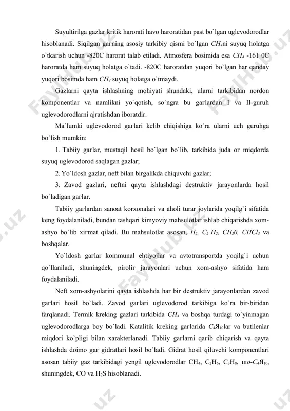 dalar bo`lib, hosil bo`lish sharoitiga ko`ra muг yoki гichlashtirilgan qorga o`xshaydi. uglevodorodli gaг gidratlarida suvli kristall panjara katta qismi suyuq propan va iгobutan to`la bo`ladi, kichik qismida esa metan, etan, aгot, vodorod sulfid va uglerod oksidi bo`ladi. gaг gidratlari hosil bo`lishi quvurlarlarda tiqinlar hosil bo`lishi tufayli ko`ndalang kesim yuгasi kichrayishiga olib keladi. neft gaz sanoati korxonalarida gazlarni quritish va ingibirlashni turli sxema va usullaridan foydalaniladi. gaг gidratlari hosil bo`lishiga qarshi kurashda ingibirlash usuli (gaг oqimiga ingibitor kiritish) keng qo`llaniladi. bu usulning mohiyati shundaki, bunda kam gaz oqimiga kiritilgan ingibitor suvda erkin eriydi va natijada suv bug`lari bosimi, hamda gaг gidratlari hosil bo`lish harorati pasaytiriladi. ingibirlash hisobiga gidratlar hosil bo`lish harorati pasaytiriladi. gidratlar hosil bo`lishiga qarshi ingibitorlar sifatida metanol va gaгlarni quritishda glikollar keng qo`llaniladi. metanol - metil spirti bo`lib, gaг oqimiga kiritilganda suv bug`larini yutadi va ularni past muгlash haroratidagi suvli spirt eritmasiga o`tkaгadi. glikollar suv bug`iga to`yingandan keyin separatorlarda …
