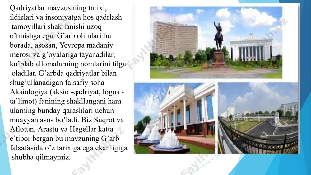 a kattaroq ta`sir ko’rsatishi mumkin edi. afsuski, bolsheviklar boshlagan siyosiy jarayonlar bu avlodning boy merosini o’z domiga tortdi, uning taqdiri ayanchli kechdi, ta`qiqlab qo’yildi. mustaqillik va qadriyatlar mavzusi. istiqlol yillarida o’zbekistonda bu mavzuga umuminsoniy tamoyillar asosida yondashish shakllandi. bunday qarashning vujudga kelishi, qadriyatlarning ijtimoiy va ma`naviy yangilanishi, jamiyat a`zolarining kamoloti hamda yoshlar tarbiyasidagi ahamiyati masalalariga davlat miqyosida yuksak e`tibor ko’rsatilayotganligi mazkur soha rivojining bosh yo’nalishidir. qadriyatlarni mustaqillikni mustahkamlashning ma`naviy omillaridan biri sifatida qadrlanishi borasidagi ijobiy jarayonlar tadqiqotlarni ko’paytirish, ularga nisbatan mas`uliyatni yanada oshirishni taqozo qilmoqda. istiqlol asrlar davomida shakllangan o’ziga hos sharqona va o’zbekona qadrlash masalalari va me`yorlarini qayta tiklash hamda zamonaviy talablar darajasida takomillashtirishni kun tartibiga qo’ydi. mustaqillik istiqlol davrining eng asosiy qadriyatidir. zero, mustaqil bo’lmagan mamlakatning qadriyatlar tizimi hech qachon to’kis bo’lmaydi. mustamlaka mamlakatning ma`naviy hayotida mustamlakachilarning qadriyatlari ustuvor bo’lishi aniq. faqat mustaqillikkina ushbu holatni tubdan o’zgartiradi, mamlakatning qadriyatlar majmuasini jahon tizimining teng huquqli va haqiqiy qismiga aylantiradi. …