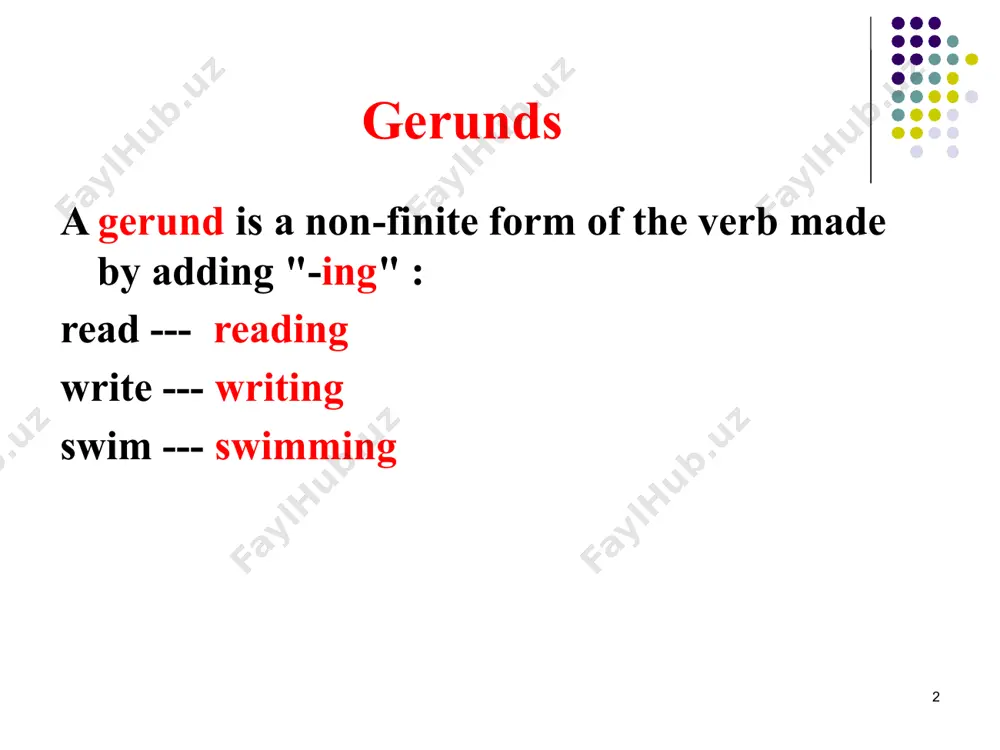 ot to call her. 10 infinitives the infinitive is often used after certain verbs: arrange, forget, learn, plan, ask, help, manage, promise, decide, hope, offer, refuse, expect, intend, prepare, want, pretend, appear, seem the negative form of infinitives can be made by adding “not” examples: i decided not to go. the most important thing is not to give up. 11 infinitives the infinitive is used: after certain verbs, adjectives and nouns. a. verb + infinitive they hope to reach the party on time. i want to try the new ice-cream flavour. b. adjective + infinitive i’m happy to hear you are well. she’s delighted to see him. c. noun + infinitive i’ve got some homework to do. 12 infinitives the infinitive is used: 2) to express a purpose i got up early to do homework. i have some letters to write. 3) the infinitives can also follow certain nouns. nouns …