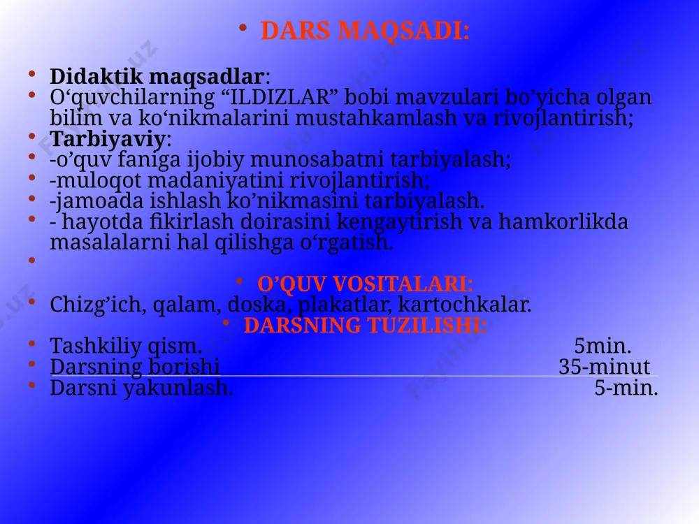 a beriladigan savollar 1. a sonining arifmetik kvadrat ildizi deb nimaga aytiladi? 2. quyidagi tenglik to’g’rimi: nima uchun? 3. ifodaning qiymatini toping: 4. bo’linmadan ildiz chiqaring: 5. hisoblang: ii-guruhga beriladigan savollar 1. a sonining kvadrat ildizi qanday topiladi? 2. ifodaning qiymatini toping: 3. taqqoslang: 4. ko’paytmadan ildiz chiqaring: 5. hisoblang: (15 daqiqa) (5 daqiqa) bu bosqichda har bir guruhga bir xil test savollari beriladi. bunda guruhlar belgilangan 6 minut ichida testni to’g’ri va aniq yechishlari talab etiladi. so’ngra har bir guruh javoblarni asoslab berishlari kerak bo’ladi. test. hisoblang: a) 16; b) 1,6; c) 0,16. hisoblang: a) 2,8; b) 28; c) 0,28. hisoblang: a) 21; b) c) 4. a ning qiymatini toping: a) a=3; b) a=0; c) a=-3 5. o’sish tartibida joylashtiring: a) a<b<c; b) c<a<b; c) b<a<c. savollar: 1 2 3 4 5 javoblar: a a c c b (10 daqiqa) krossvort savolnomasi: 1) o’zgaruvchiga ega bo’lgan tenglik nima deb …