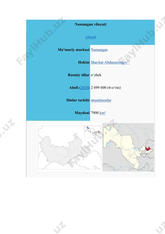 ali qazilmalardan chodak oltin koni, togʻ kvarsi, surma, mis, neft, gips, ohaktosh va boshqa qurilish materiallari, shifobaxsh mineral suvlar (chortoqda) topilgan. chust-pop yer osti suvining issiqligi 50° (1300 m dan chiqadi). suv tarkibida yod va brom bor. chodaksoydan (450 m chuqurlikdan) 23° issiklikdagi vodorod-sulfidli suv chiqadi. chortoq, shahand, kosonsoy, uchqoʻrgʻon suvlari oʻzining minerallanish darajasi va harakteri boʻyicha mashhur matsesta, chakrak, tal suvlaridan qolishmaydi. yer osti suvlari togʻ, adir, togʻ oldi botiqlarida va yoyilmalarda yirik toshli, shagʻalli va qumli qatlamlarda joylashgan. sirdaryoga yaqin zonalarda yer osti (sizot) suvlari mavjud. ikli-mi keskin kontinental. yozi uzok, issiq, qishi qisqa, nisbatan sovuq. yillik oʻrtacha temperatura 13°. yanvarda temperatura –25° gacha pasayadi, iyunda 35–45° ga yetadi. vegetatsiya davri 229 kun. viloyatning turli qismlarida yogʻin miqdori turlicha. namanganda oʻrtacha yillik yogʻin miq-dori 230 mm, gʻarbida 90–190 mm, sharkiy tumanlarida 300–400 mm, togʻ etaklarida 600 mm. yogʻinning eng koʻp kismi bahor va kuzda yogʻadi. daryolari yogʻindan, togʻlardagi …