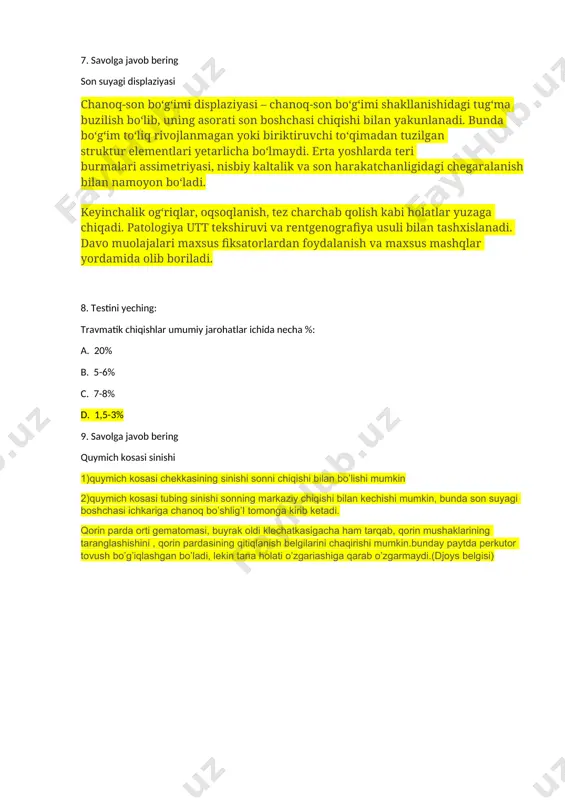 ab qolish kabi holatlar yuzaga chiqadi. patologiya utt tekshiruvi va rentgenografiya usuli bilan tashxislanadi. davo muolajalari maxsus fiksatorlardan foydalanish va maxsus mashqlar yordamida olib boriladi. 8. testini yeching: travmatik chiqishlar umumiy jarohatlar ichida necha %: a. 20% b. 5-6% c. 7-8% d. 1,5-3% 9. savolga javob bering quymich kosasi sinishi 1)quymich kosasi chekkasining sinishi sonni chiqishi bilan bo’lishi mumkin 2)quymich kosasi tubing sinishi sonning markaziy chiqishi bilan kechishi mumkin, bunda son suyagi boshchasi ichkariga chanoq bo’shlig’i tomonga kirib ketadi. qorin parda orti gematomasi, buyrak oldi klechatkasigacha ham tarqab, qorin mushaklarining taranglashishini , qorin pardasining qitiqlanish belgilarini chaqirishi mumkin.bunday paytda perkutor tovush bo’g’iqlashgan bo’ladi, lekin tana holati o’zgariashiga qarab o’zgarmaydi.(djoys belgisi)