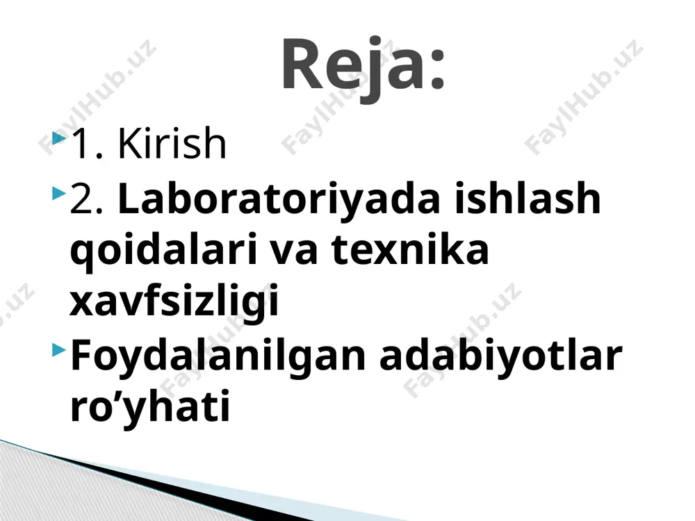 la n il a d ig a n kimyoviy moddalarni kiyim-kechagiga, og ‘iz b o ‘shlig‘iga va organlarga tushishiga y o i q o ‘ymasligi. 6. elektr asbob-uskunalarini q oilash vaqtida xavfsizlik qoidalariga qattiq rioya qilishi. 7. yong‘inga qarshi qoidalarni bilishi va unga qattiq rioya qilishi. 8. texnika xavfsizligi bo'yicha ko‘rsatma olishi va unga qattiq rioya qilishi. yuqorida ko'rsatilgan talablarning bajarilishi e’tiboringiz uchun rahmat image1.jpeg image2.png image3.png image4.png image5.png image6.png image7.png image8.png image9.png image10.png image11.png image12.png image13.png image14.png /docprops/thumbnail.jpeg