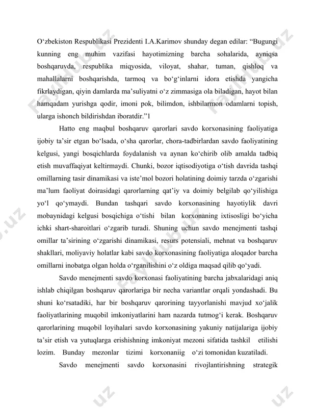 zim. bunday mezonlar tizimi korxonaniig o‘zi tomonidan kuzatiladi. savdo menejmenti savdo korxonasini rivojlantirishning strategik maqsadlariga qaratilgan bo‘lishi lozim. qandaydir foydali ahamiyatta ega bo‘lmagai boshqaruv qarorlarining loyihalari joriy davrda amaliyotga tadbiq etilmasligi kerak. agar loyiha korxonani rivojlantirishning strategik maqsadlariga muvofiq tarzda joriy etilmasa kelajakda korxonaning yutuqlarga erishishi amrimahol. savdo menejmentining usul va tamoyillariga ilmiy soha sifatida yondashilishi bozor iqtisodiyotiga o‘tish davrida doimiy o‘zgarib turadi. bunday o‘zgarishlar iste’mol bozorining o‘zgarish dinamikasi, aholi daromadining o‘sish differensiatsiyasi, xususiylashtirish va korporatizatsiyalash natijasida savdo korxonalari faoliyatlariniig takomillashishi va bozor iqtisodiyoti rivojlangan mamlakatlar savdo korxonalari boshqaruv tizimini amalda qo‘llash imkoniyatlarining kengayishi kabi boshqaruvning iqtisodiy negizini tashkil qiluvchi bir qator omillarga bog‘liq. 3. savdo menejmentining maqsad va vazifalari. savdo menejmentining asosiy xususiyatlarini hisobga olgan holda uning maqsad va vazifalari namoyon bo‘ladi. savdo menejmentining asosiy maqsadi bo‘lib, savdo korxonasining rivojlanish istiqbolini mukammal darajada ta’minlash va korxonaning raqobatchilari orasidagi mavqeini oshirishga qaratilgan chora-tadbirlarning muvaffaqiyatli amalga oshirilishini ta’minlash hisoblanadi. ushbu asosiy …