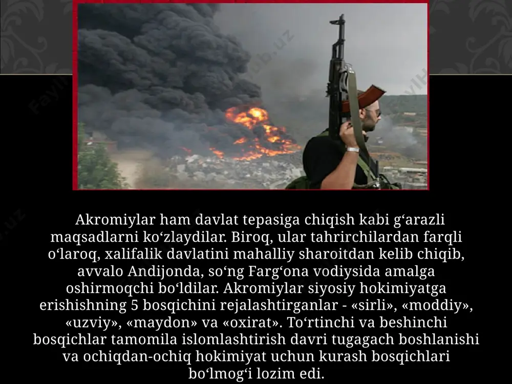 olmog‘imiz va anglab etmog‘imiz zarur. “bugungi kunda,- deb yozadi yurtboshimiz - insoniyat qo`lida mavjud bo`lgan qurol-yarog`lar yer kurrasini bir necha bor yakson qilishga yetadi. buni hammamiz yaxshi anglaymiz. lekin hozirgi zamondagi eng katta havf-insonlarning qalbi va ongini egallash uchun uzluksiz davom etayotgan mafkuraviy kurashdir. endilikda yadro maydonlarida emas, mafkura maydonlarida bo`layotgan kurashlar ko`p narsani hal qiladi. bu achchiq haqiqatni hech qachon unutmaslik lozim.” “men ko‘hna bir haqiqatni yana eslatmoqchiman: tabiatda bo‘shliq bo‘lmaganidek, insonning ongu tafakkurida ham bo‘shliq vujudga kelishiga aslo yo‘l qo‘yib bo‘lmaydi. har bir ongli odamning voqelikka o‘z munosabati, maqsad va intilishlari bo‘lishi tabiiy”1 “фидокор” газетаси, 2000 йил, 8-июн. xalqaro terrorchi va ekstremistlarning niyati aniq. ular istiqlol yo‘lidan borayotgan o‘zbekistondagi g‘oyaviy bo‘shliqni o‘z g‘oyalari bilan to‘ldirib, mamlakatimiz hududidagi beqiyos boyliklarga egalik qilish, xalqimizni o‘z siyosati, o‘z hukmronligiga bo‘ysundirishni, eng yomoni, mana shu muhim geopolitik maydonni o‘z ta’sir doirasiga olishni orzu qilmoqda. mana shundan kelib chiqib, bugungi kunda mamlakatimizga qarshi …