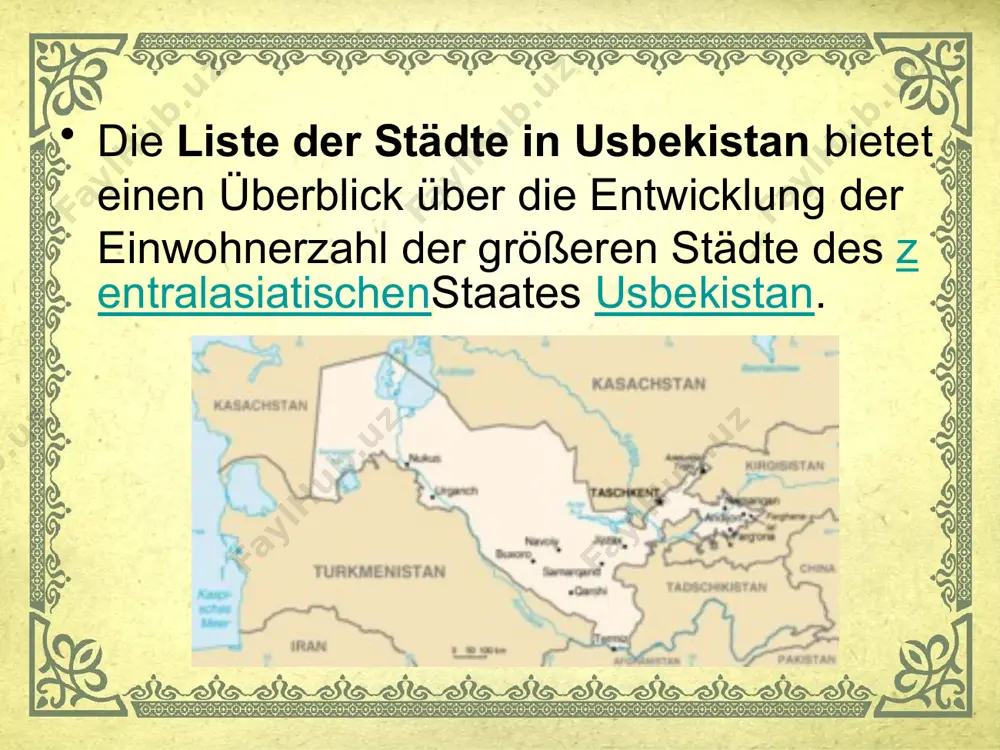 jizzax war früher ein bedeutender knotenpunkt der seidenstraße auf der route samarkand–ferghanatal. die stadt liegt im randbereich dergolodnajasteppe und nahe dem strategisch wichtigen jilanutipass, der den zugang zum serafschantal ermöglicht. heute ist jizzax eine verhältnismäßig moderne stadt mit zwei universitäten. uchquduq uchquduq (usbekisch für „drei brunnen“; kyrillisch учқудуқ; russisch учкудукutschkuduk; auch uchkuduk) ist eine stadt in der usbekischen provinz navoiy, gelegen im zentrum der wüste kysylkum, 270 km nordwestlich von navoiy auf etwa 200 m seehöhe. gemäß der bevölkerungszählung 1989 hatte uchquduq damals 24.000 einwohner, einer berechnung für 2009 zufolge beträgt die einwohnerzahl 35.361.[1] uchquduq ist eine kreisfreie stadt und zudem der hauptort des gleichnamigen distriktes uchquduq. image2.jpeg image3.png image4.jpeg image5.jpeg image6.jpeg image7.jpeg image8.jpeg image9.jpeg image10.jpeg image1.jpeg /docprops/thumbnail.jpeg