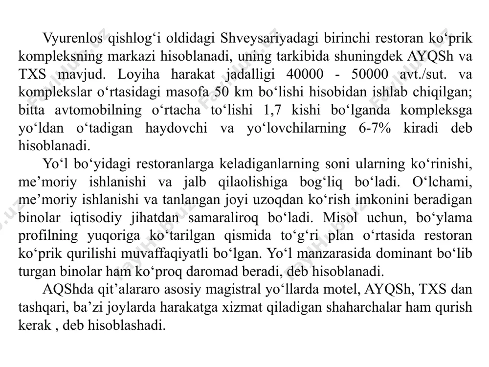 da harakat jadalligi mavsumga qarab o‘zgarishini ko‘rish mumkin. shaharlar orasidagi masofaning kamligi, ya’ni 250 km dan ko‘p yo‘l yurilmasligi xizmat komplekslari ko‘p bo‘lishini istisno qiladi. germaniyada bor-yo‘g‘i 450-470 o‘rinli 9 kemping va 5 motel bor. magistral yo‘llar bo‘yida asosan ta’tillar vaqtida ishlaydigan 8 kemping joylashgan. xizmat komplekslarining soni va joylashish oralig‘i harakat jadalligiga bog‘lab belgilangan. misol uchun, berlin-drezden yo‘lida 3 xizmat kompleksi bor. ular orasidagi eng ko‘p masofa 108 km, eng kami esa 26 km. korxonaning o‘lchami avtomobil qo‘yish joylarining o‘lchamiga to‘g‘ri kelgani uchun komplekslar bilan korxonalar zararsiz ishlaydi. ish vaqtida korxonalarning avtomobil qo‘yish joylari to‘la bo‘ladi, lekin har doim 5-8 bo‘sh joy bo‘ladi; avtomobil qo‘yish joylaridagi qo‘shimcha o‘rinlar (zahira joy) 1,10-1,20 bo‘ladi. 21 korxona yoki kompleksning 14 tasi aholi punktlaridan tashqarida, transport yechimlaridan chetda joylashgan; avtomobil qo‘yish joylarining bandlik koeffitsienti 0,9 dan 2,7 gacha o‘zgarib turadi, lekin o‘rtacha 1,7 kishi/avto. bo‘ladi. bu ko‘rsatgich (yozgi ta’tillar vaqtini hisoblamaganda) taxminan germaniyadagi …
