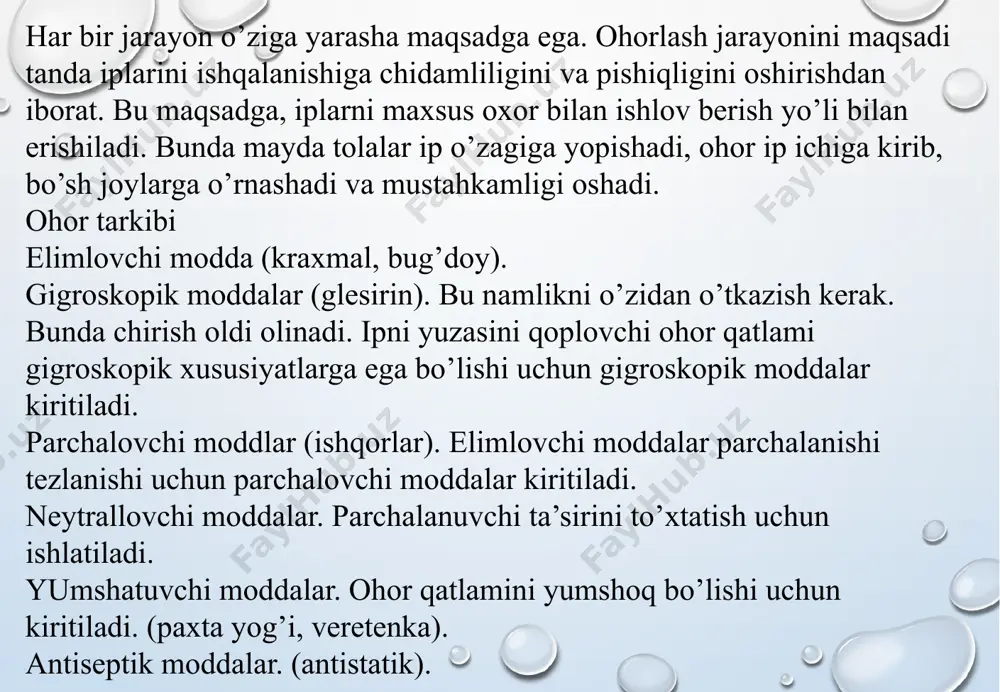 ohorni siqish miqdorini ko’rsatuvchi koeffisient (aq0,7-1,0); nt-to’quv g’altagida iplar soni; t-iplarning chiziqli zichligi, teks. 2. ohorlash miqdori. pv-qoxor-qlom/qlom.100% piqpv+(w1-w2) p i-haqiqiy ohorlanish miqdori; pi-yuzaki ohorlash w1-yumshoq tanda namligi; w2-ohorlangan tanda namligi. ohor quyidagi hossalarga ega bo’lishi: tolalarni yopishtirish va ipning ishqalanishga chidamligini oshirish uchun yopishqoq bo’lishi, etarlicha pishiq xamda qayishqoq parda xosil qilishi, to’quv dasgoxida iplar oson to’qilib, shodalar va tig’ tishlari orasida to’planib qolmasligi, gazlamaning badiiy bezagiga salbiy ta'sir etmasligi kerak. ohorning muxim xossasi uning qovushqoqligi bo’lib, u ohorning kontsentratsiyasiga bog’liqdir. ohor tayyorlashda uning kontsentratsiyasi refraktometr bilan, qovushqoqligi esa viskozametr bilan yoki ohorning voronkadan tushish vaqti bo’yicha (suvga nisbatan) tekshiriladi. nixoyat, ohor bir tinim va turg’un bo’lishi, ya'ni to ishlanib bo’lgunga qadar o’z hossalarini o’zgartirmasligi kerak. ohor tayyorlash uchun turli kimyoviy moddalar ishlatilib, uning asosiy qismini elimlovchi materiallar tashkil etadi. elim sifatida ko’p xollarda tabiiy va kimyoviy polimerlardan foydalaniladi. moddalar pahta tolasidan yigirilgan ip 29-42 teks 18,5-25 teks 11,8-15,4 …